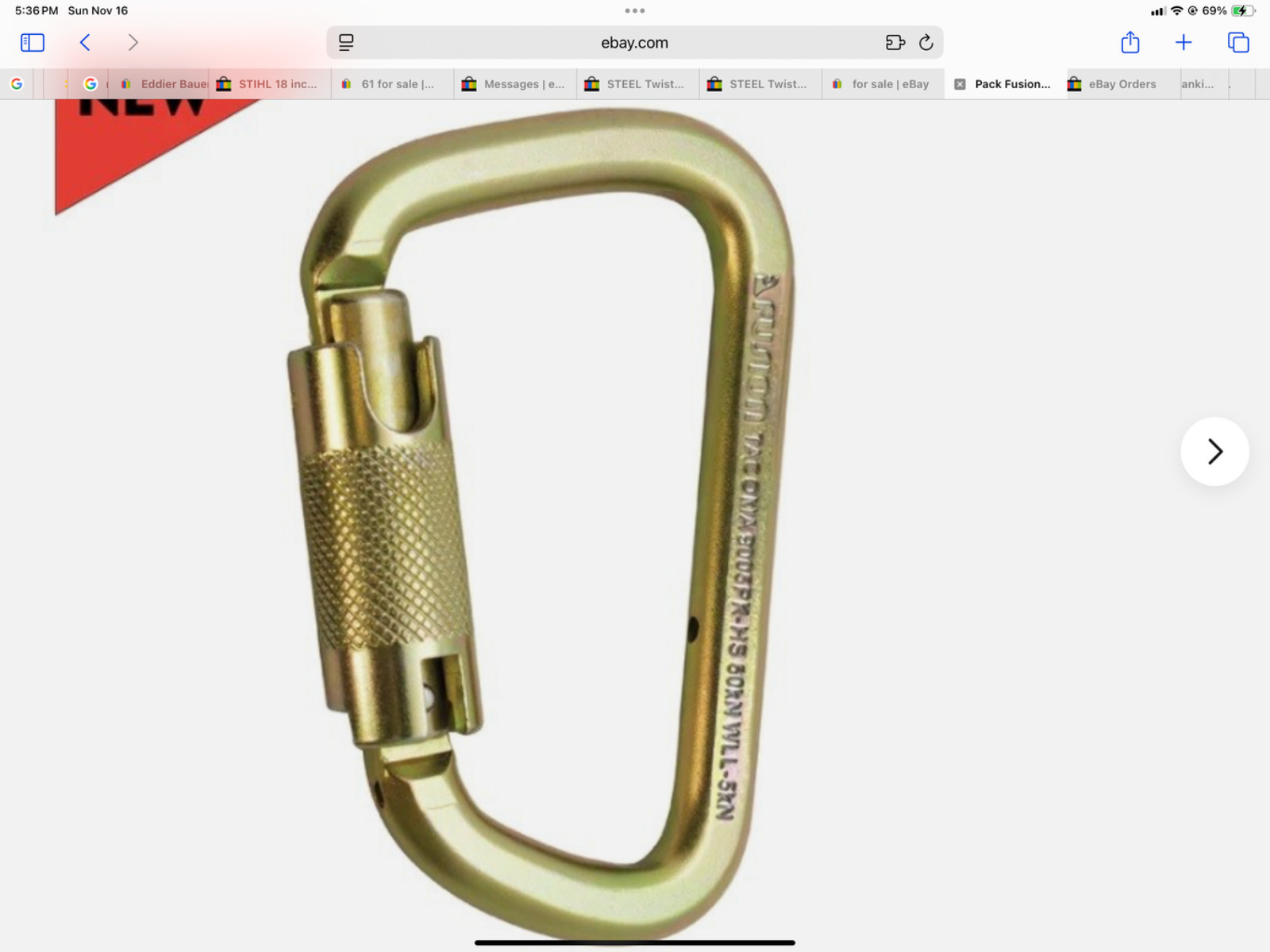 Fusion Tacoma CARABINER STEEL Twist Lock 60KN or 13,000 + Lbs