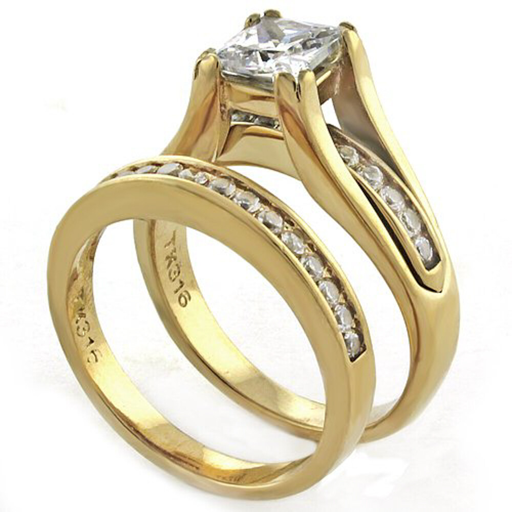 2.10 Ct Princess Cut CZ Stainless Steel 14k GP Wedding Ring Set Women's Sz 5-11