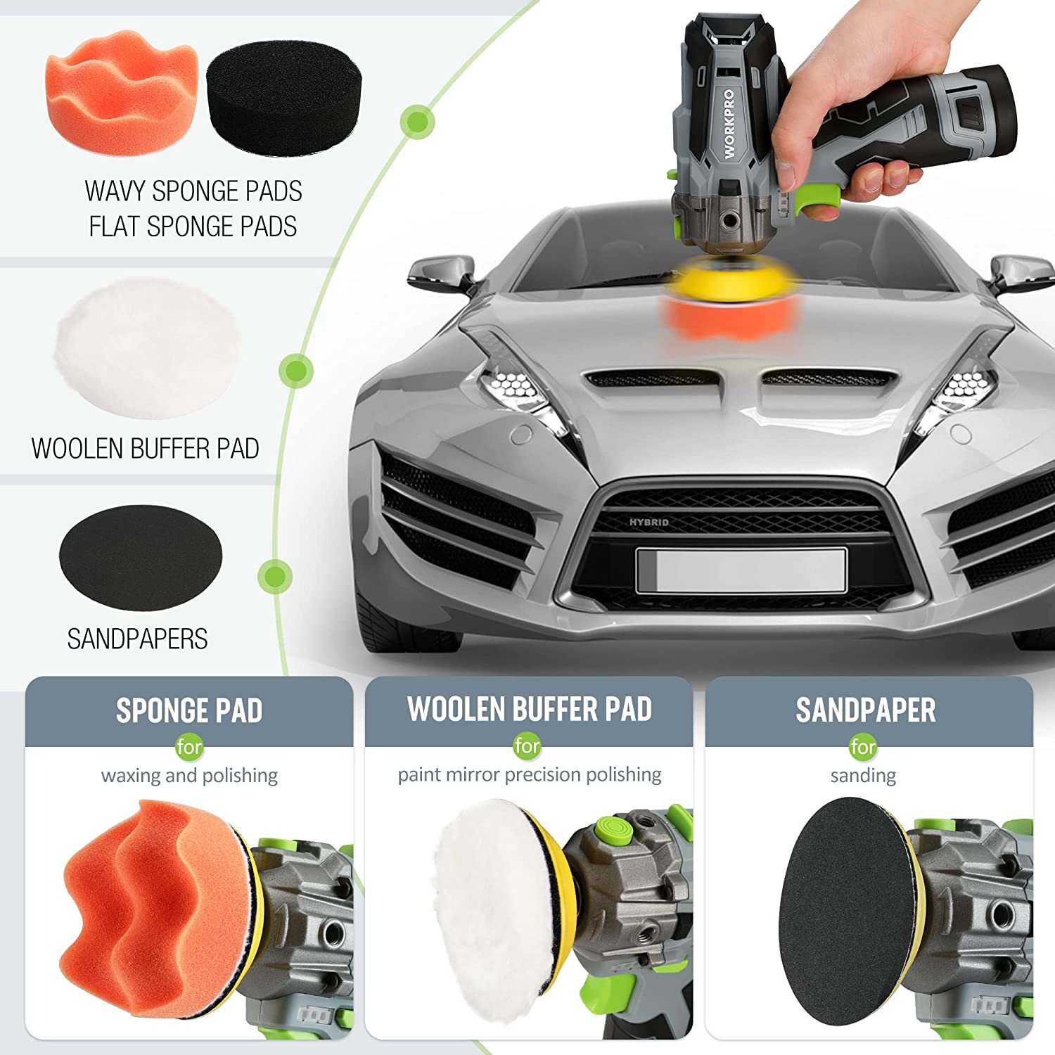 WORKPRO 12V Cordless Polisher 3" Mini Car Detailing Buffer & Sander Machine Kit