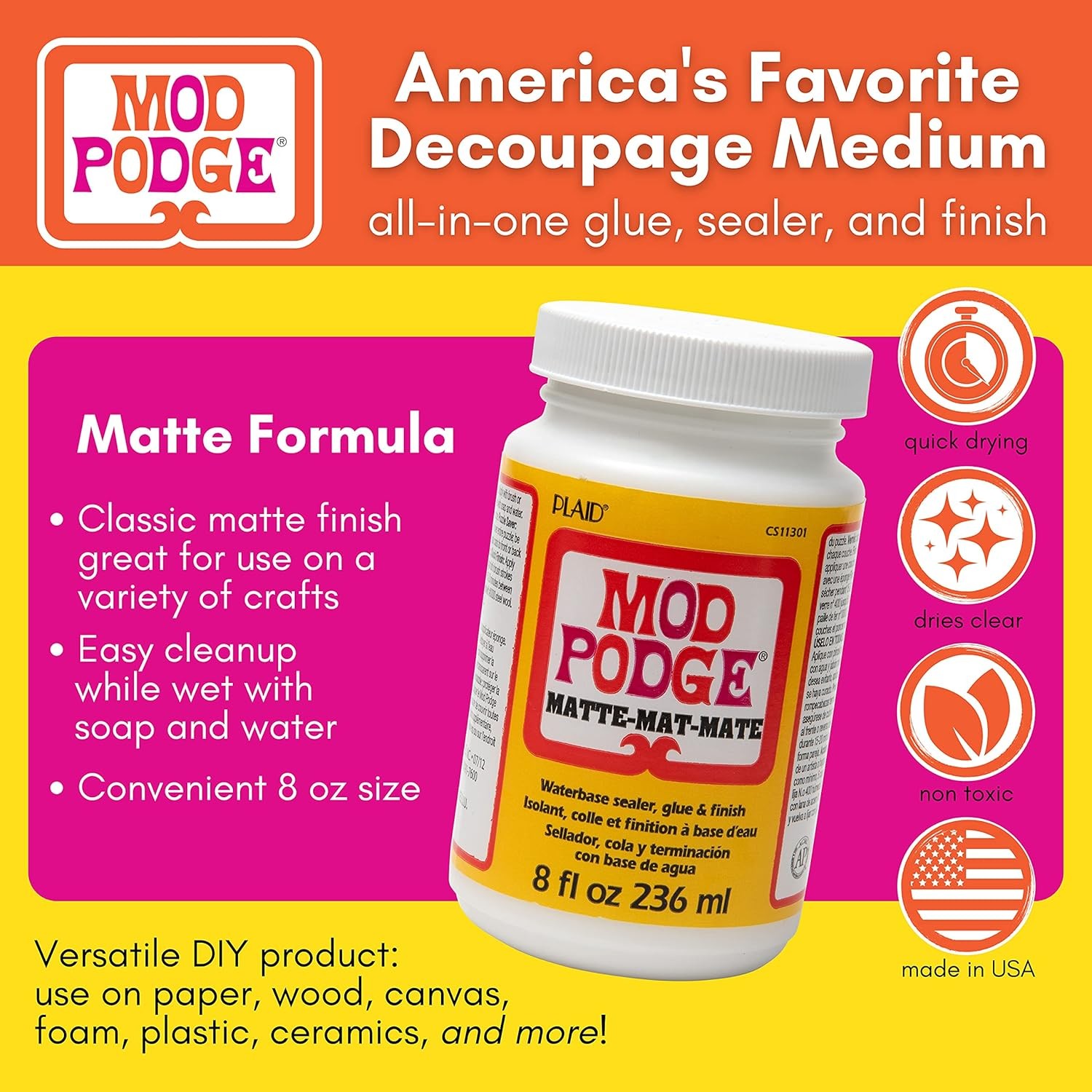 Mod Podge Matte Sealer, Glue & Finish: All-in-One Craft Solution- Quick Dry