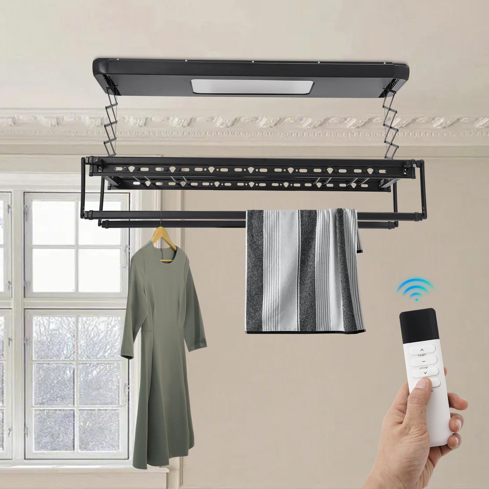 Wall and Ceiling Clothesline, Electrical Drying Rack w/ 8 Rod & Light Up Lamps
