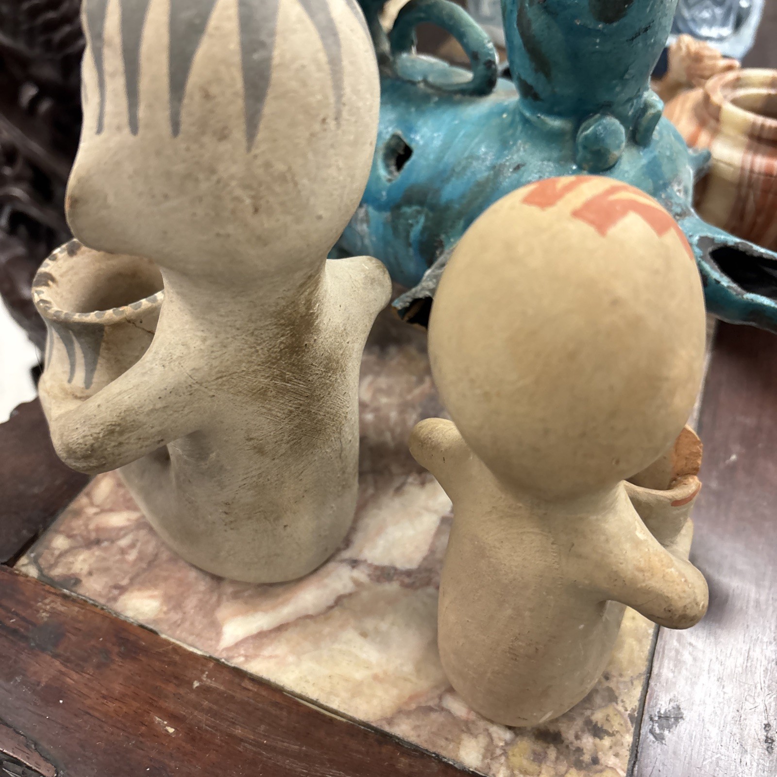 Late 1800s - Very Early 1900s Tesuque Pueblo Pottery Rain God 2 Pieces