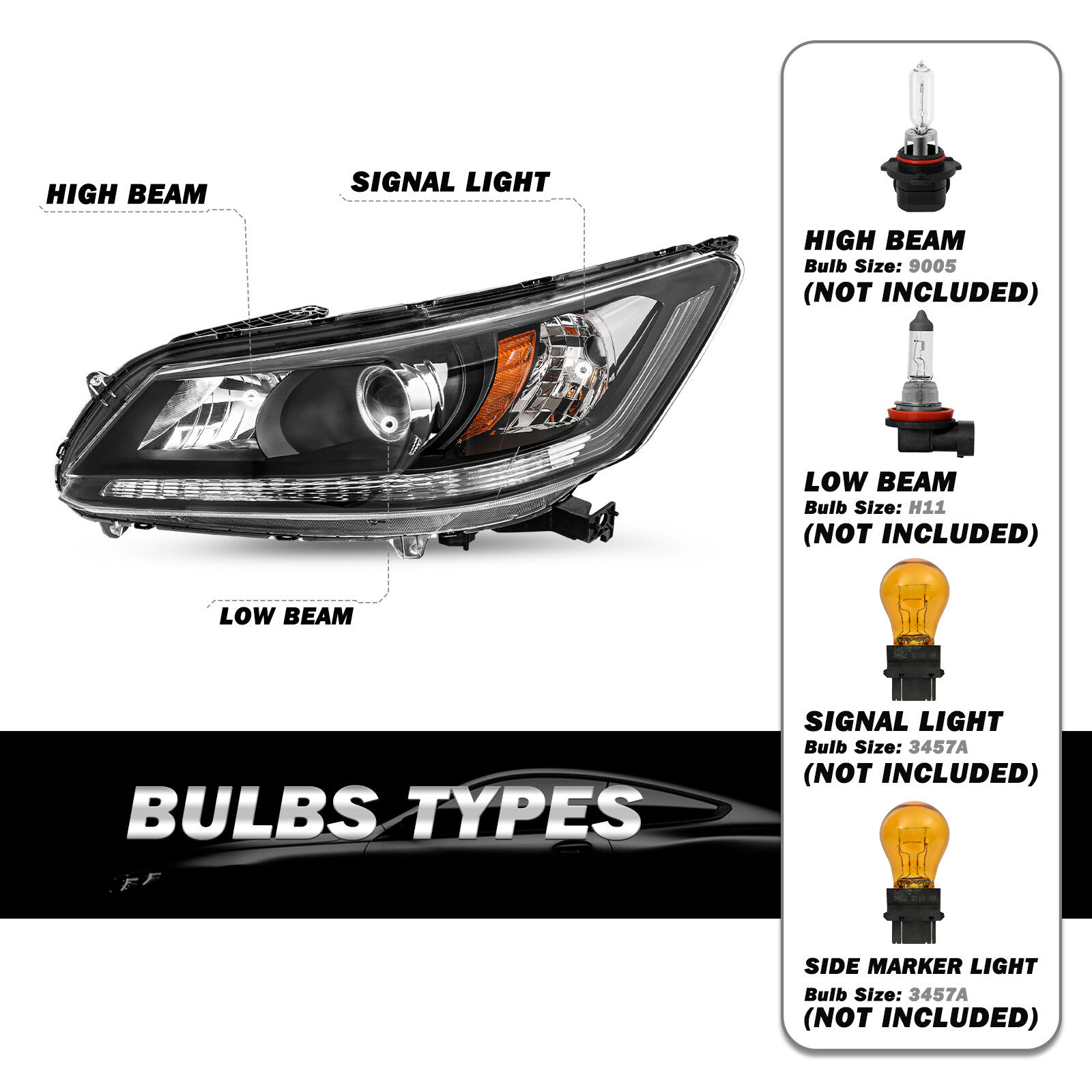 For 2013-2015 Honda Accord Sedan w/o DRL Projector Halogen Headlights Assembly