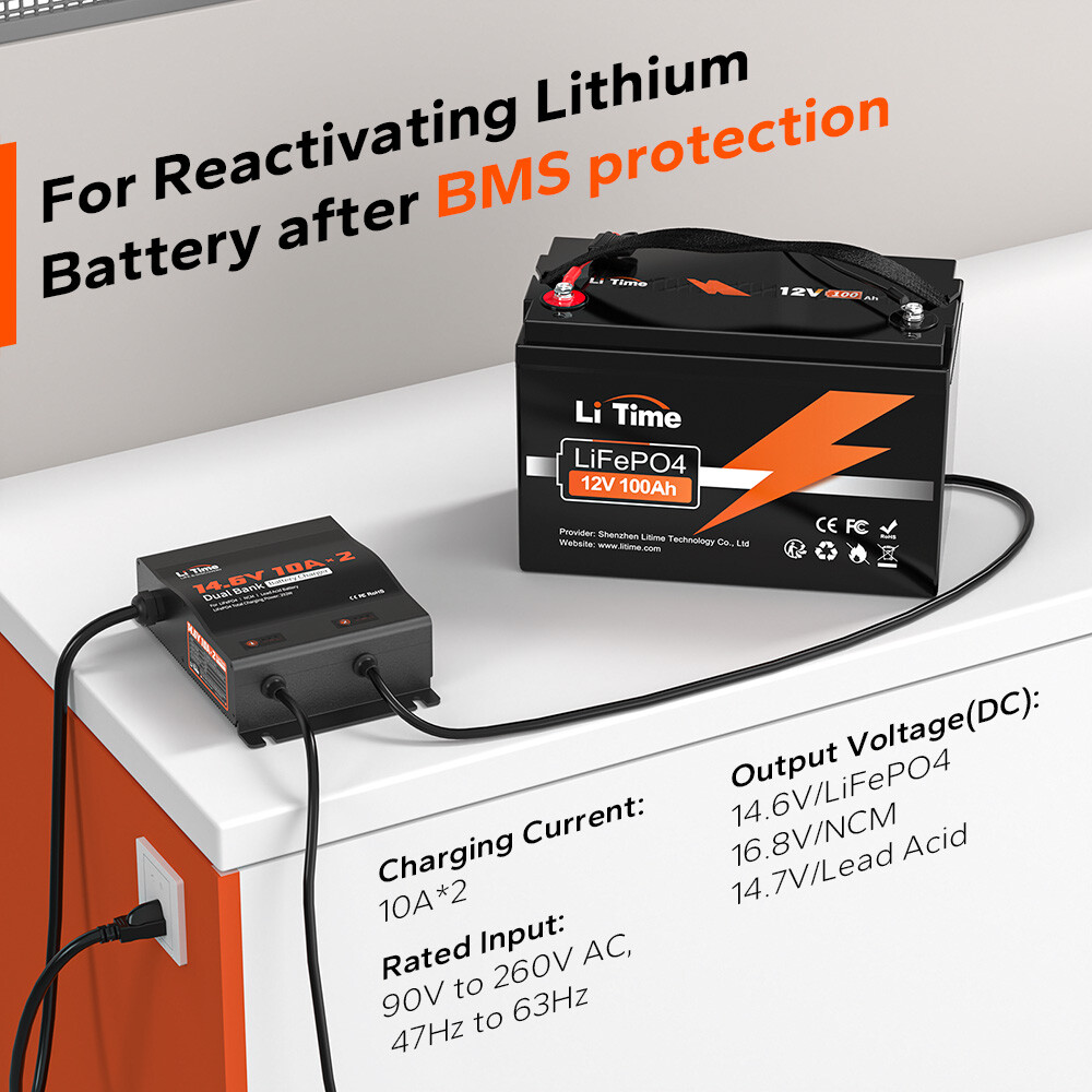 LiTime 14.6V 10Ax2 Dual Bank Smart Battery Charger for Lithium LiFePO4 Lead Acid
