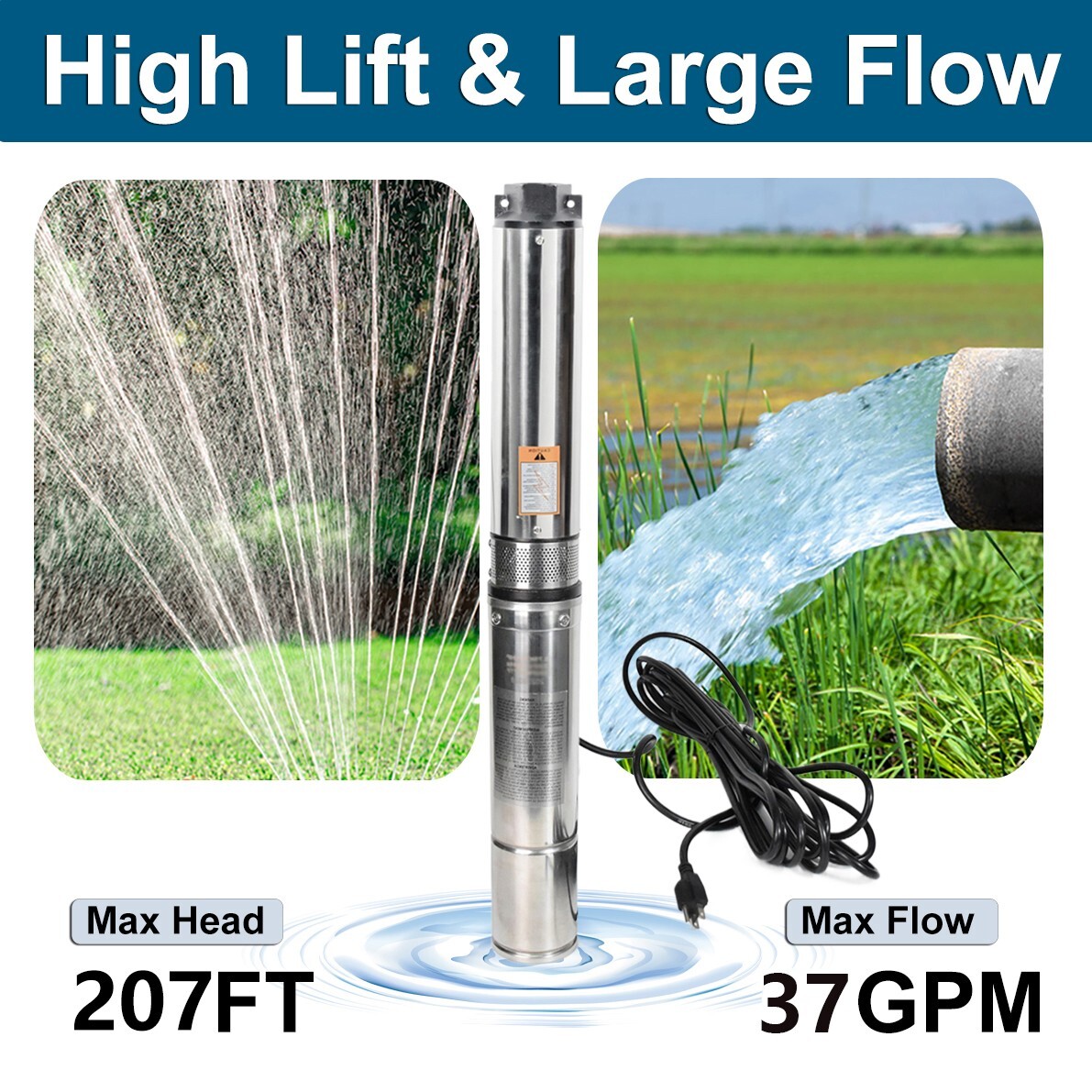 1 HP Deep Well Submersible Pump, 4" , 115V, 37 GPM, 207 ft ,Stainless Steel US