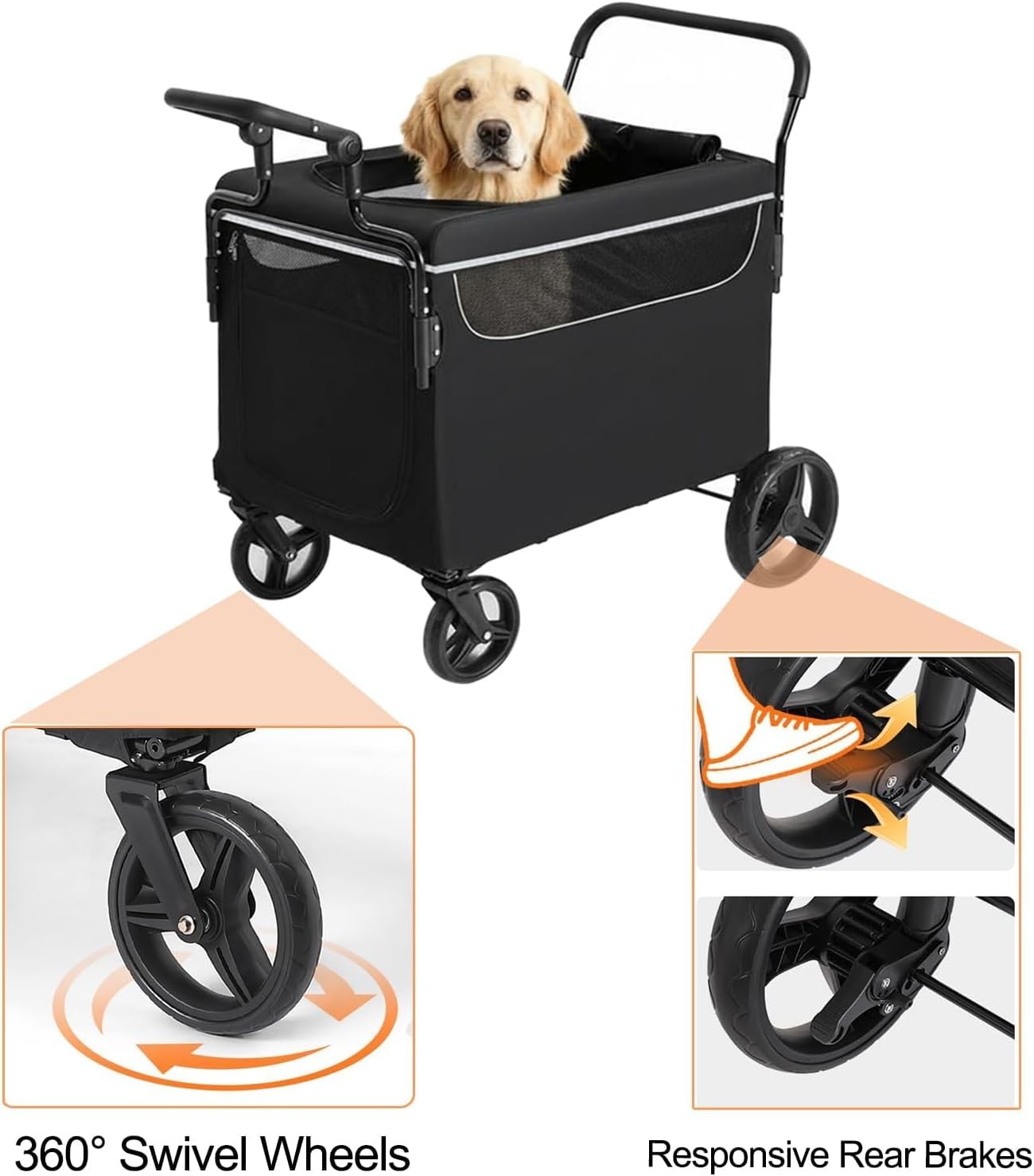 Dog Stroller Wagon Push-Pull Pet Wagon Cart with Ramp Foldable One-Step Brake