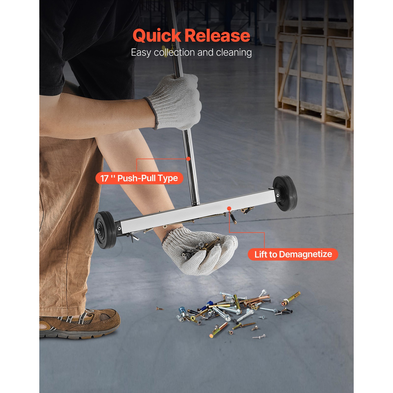 17" Rolling Magnetic Sweeper Picks up Tools Nails Screws Clips 10 lbs Capacity