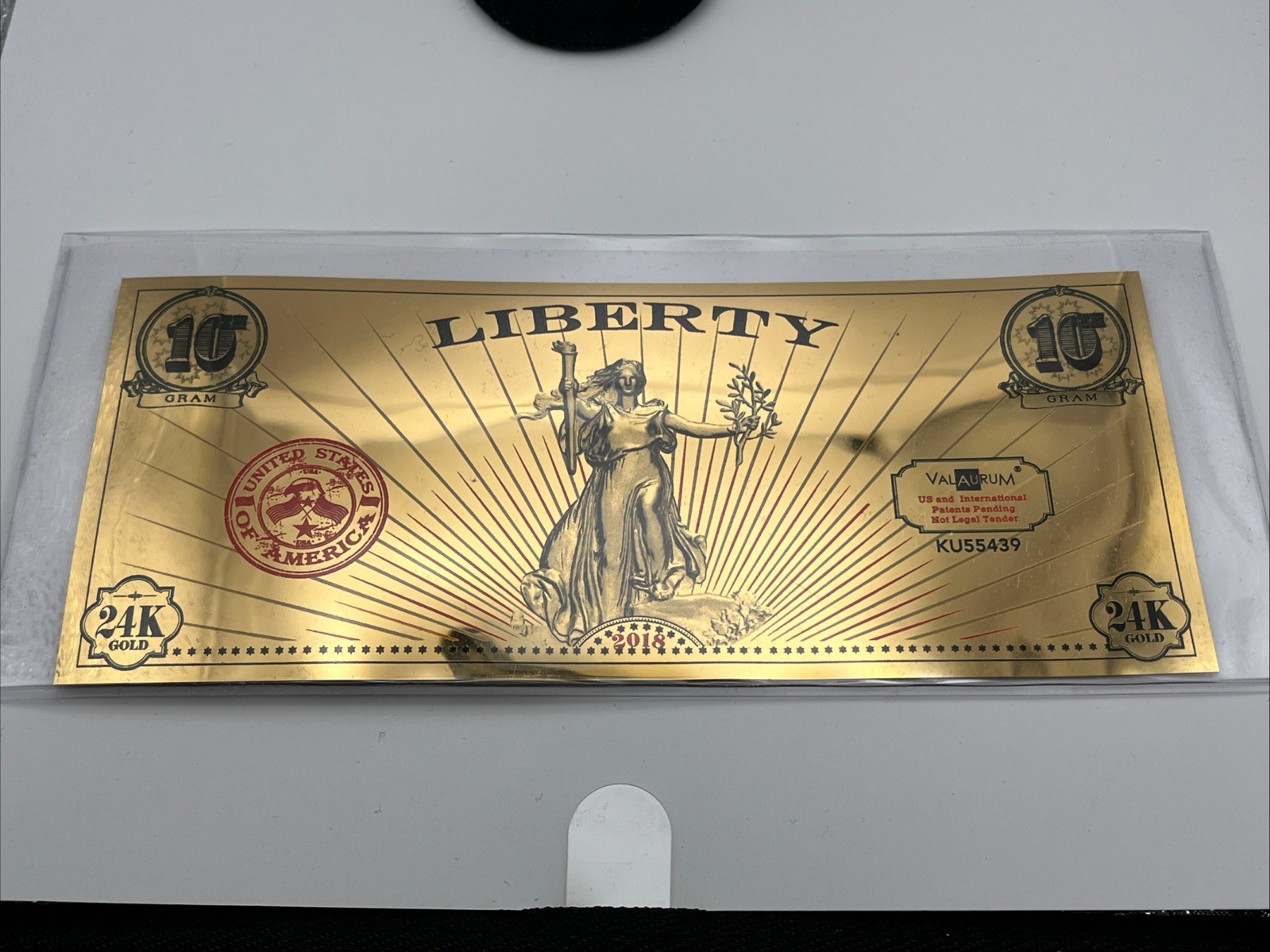 2018 ValAUrum Liberty Gold Note - 1/10 Gram 24K Gold Note Limited Edition - Mint
