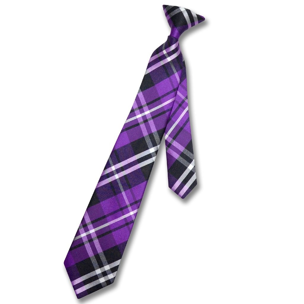 Vesuvio Napoli Boys CLIP-ON NeckTie PURPLE BLACK WHITE PLAID Youth Neck Tie