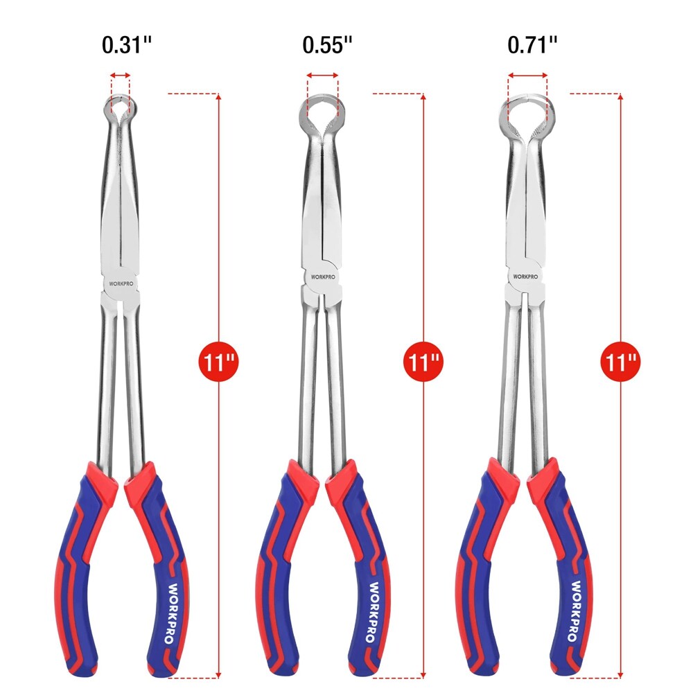 WORKPRO 3PC Long Reach Hose Grip Pliers Set 11" Ring Nose Hose Gripper Plier USA