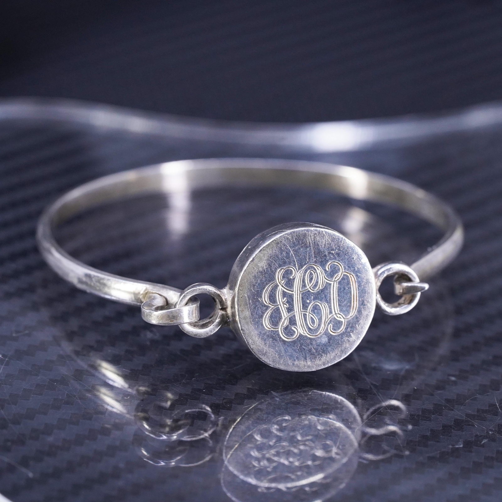 6.75”, Mexican sterling silver 925 hinged bangle, bracelet with monogram “GCO"