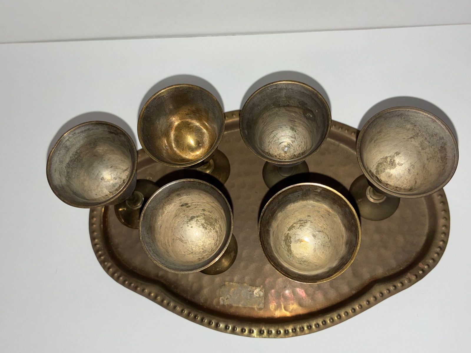 Vintage Brass Cordial Goblets Set of 6 with Hammered Tray Made in India