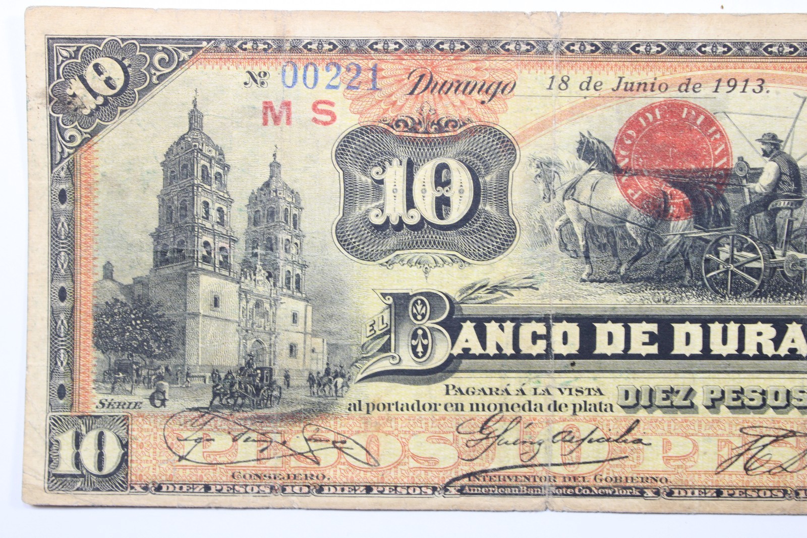 1913 Mexico / Durango 10 Pesos Series G Circulated Banknote # 0439