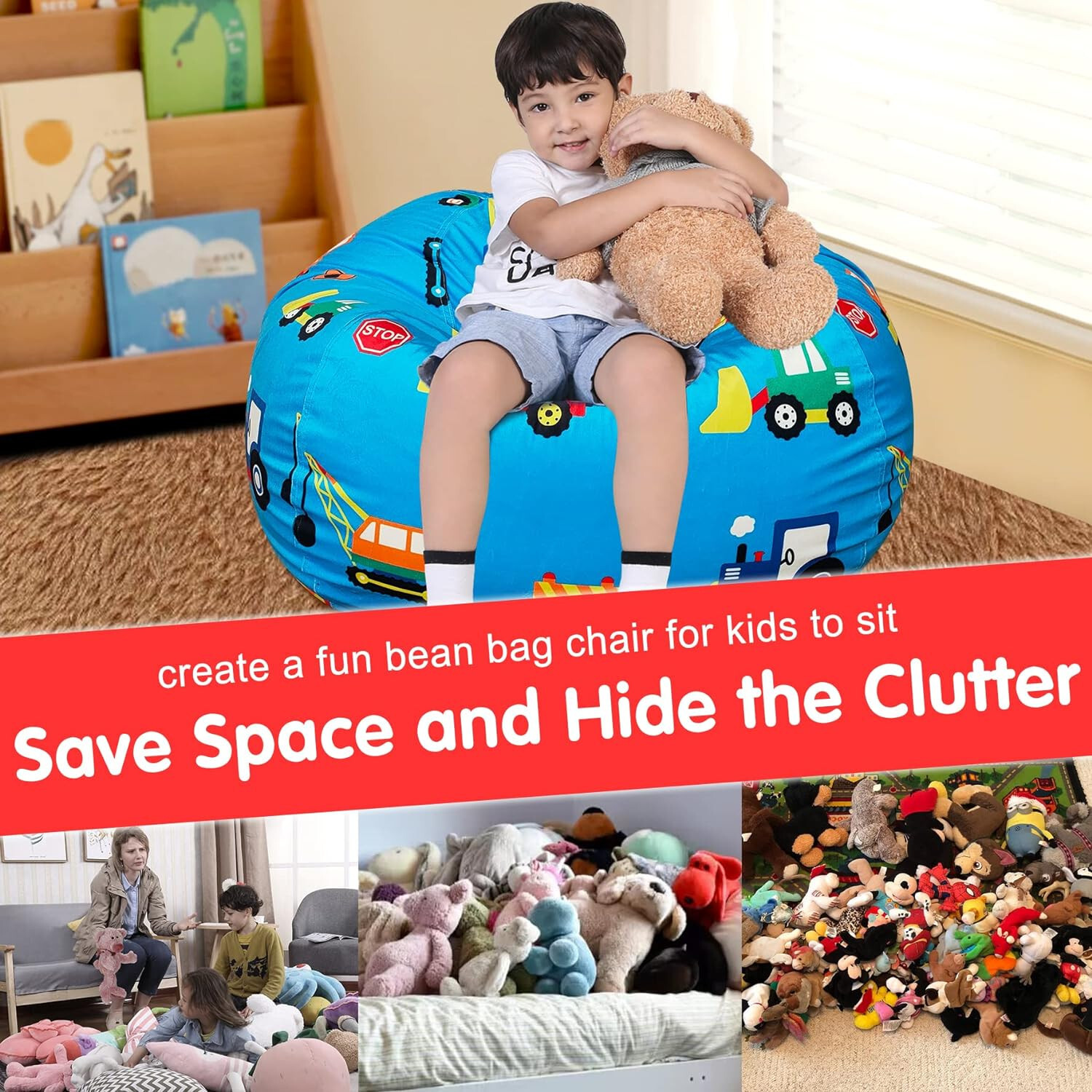 Kids Blue Velvet Bean Bag Cover Plush Stuffable Storage Construction Truck XL