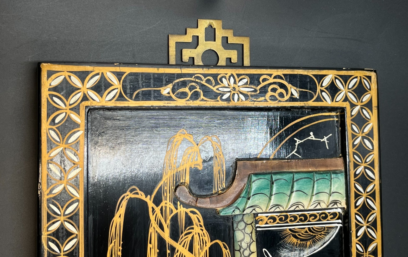 Vintage Chinese Black Lacquer Wall Panel Mother of Pearl Inlay & Stone Art
