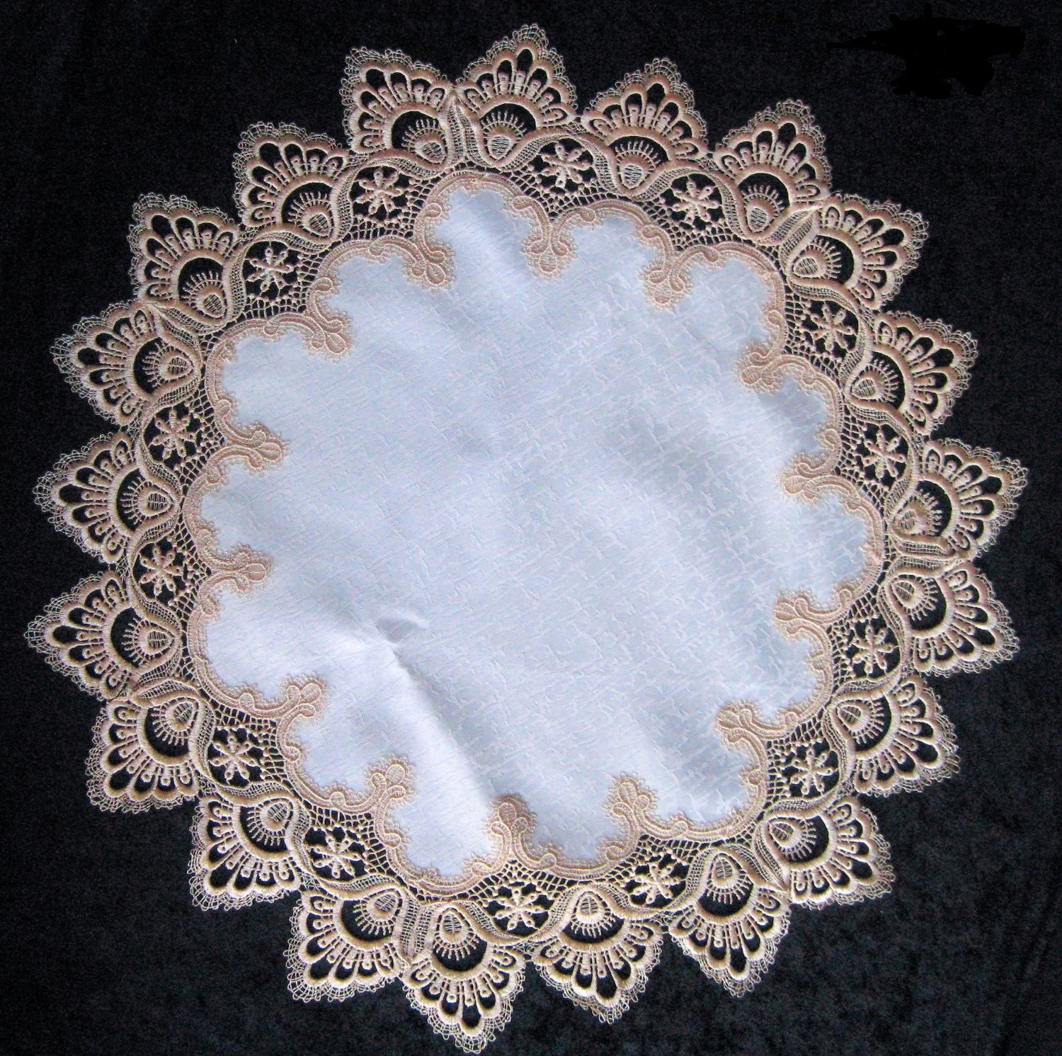 Doily Boutique Table Runner or Doily with Gold Lace and Antique White Fabric