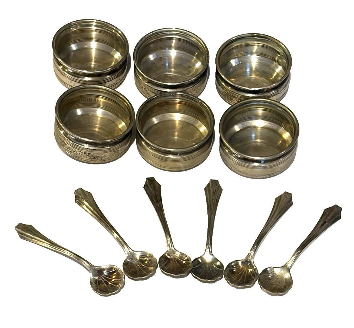 Set 6-ANTIQUE WEBSTER STERLING Open Salt Cellars /Shell Spoons-Orig Display Case