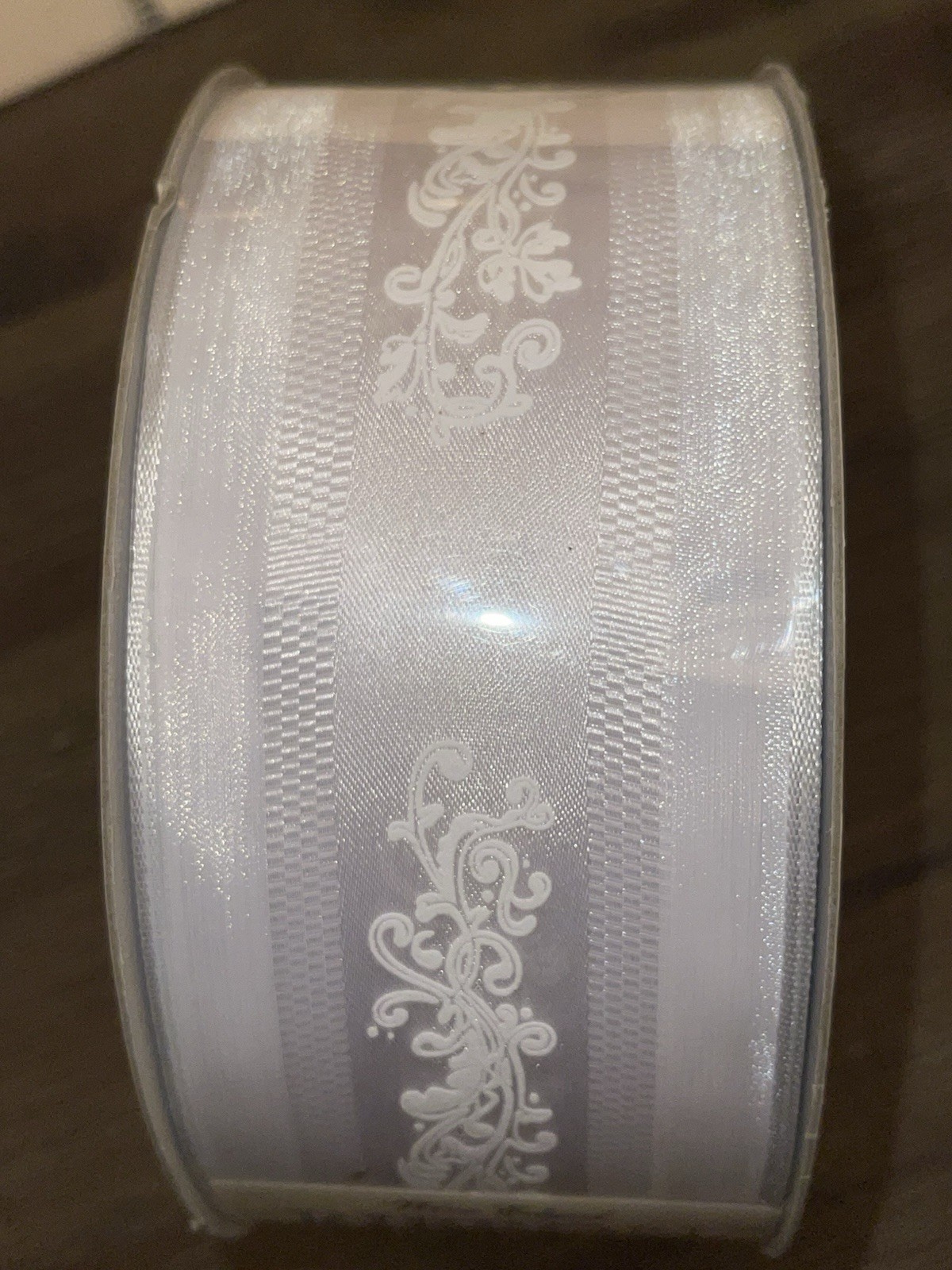 Kirkland Wire-Edged White Bridal Ribbon 2.5" Baroque Filigree Sheer Satin 50 YD