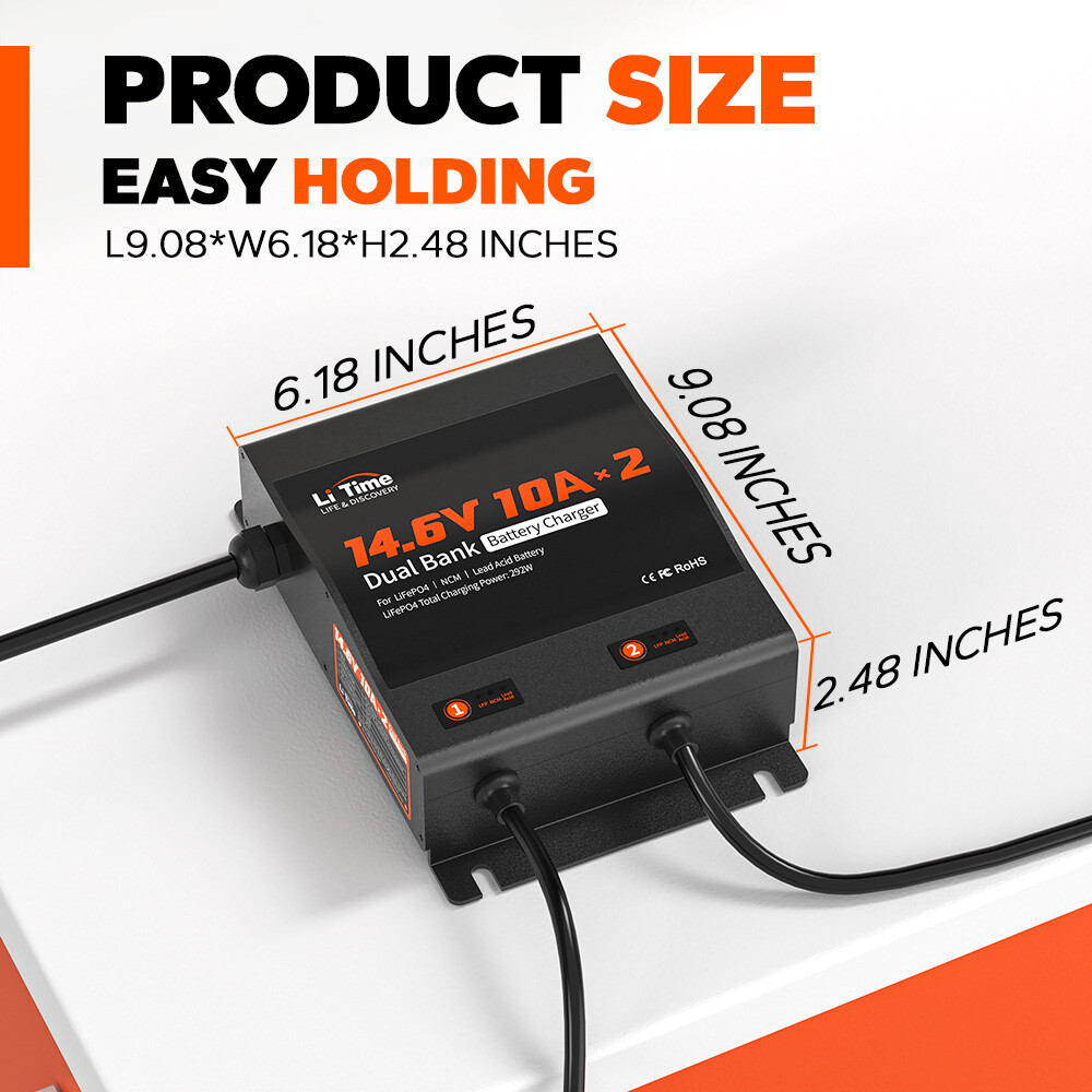 LiTime 2 Bank 12V(14.6V) 10A Smart Battery Charger for LiFePO4 Lithium Lead Acid