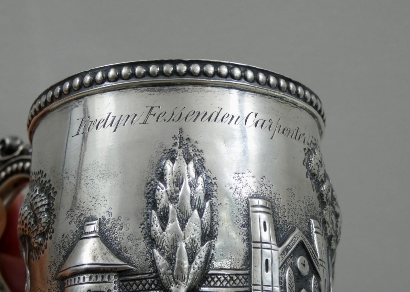 ANTIQUE AMERICAN COIN SILVER MUG CUP HAND CHASED REPOUSSE ARCHITECTURAL sterling