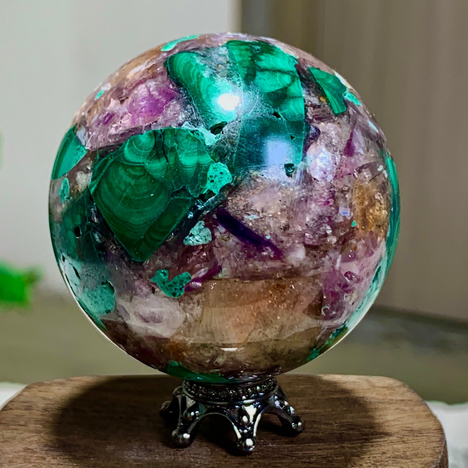 102G Newly discovered rare malachite purple mica symbiotic sphere restoration