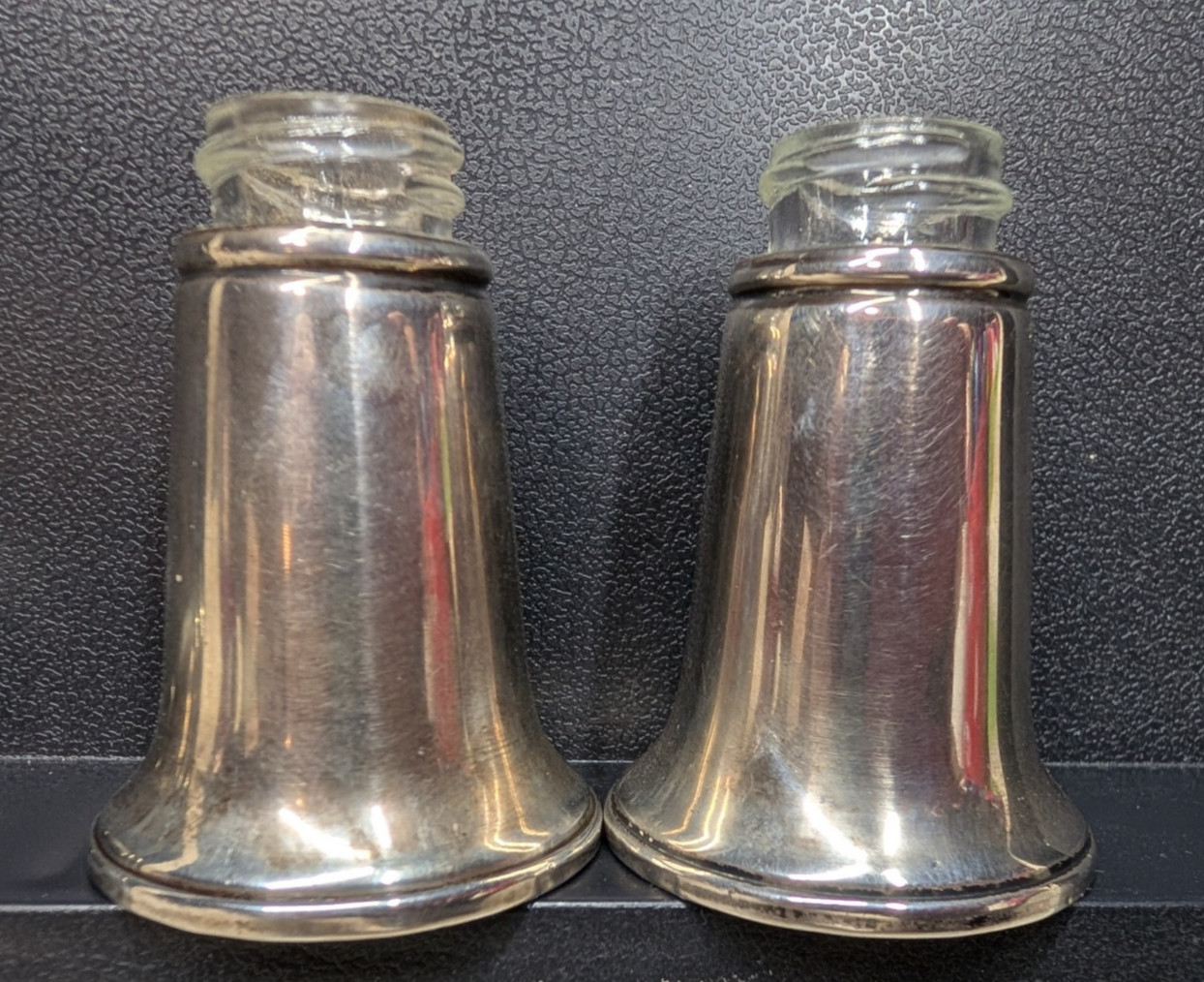 Vtg Crown Tall Sterling Silver Salt &Pepper Shaker Glass Lined 3.39oztw 260339