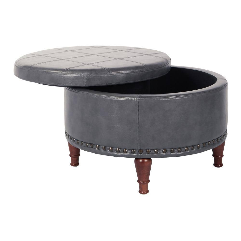 Alloway Pewter Faux Leather with Antique Bronze Nail-Heads Storage Ottoman