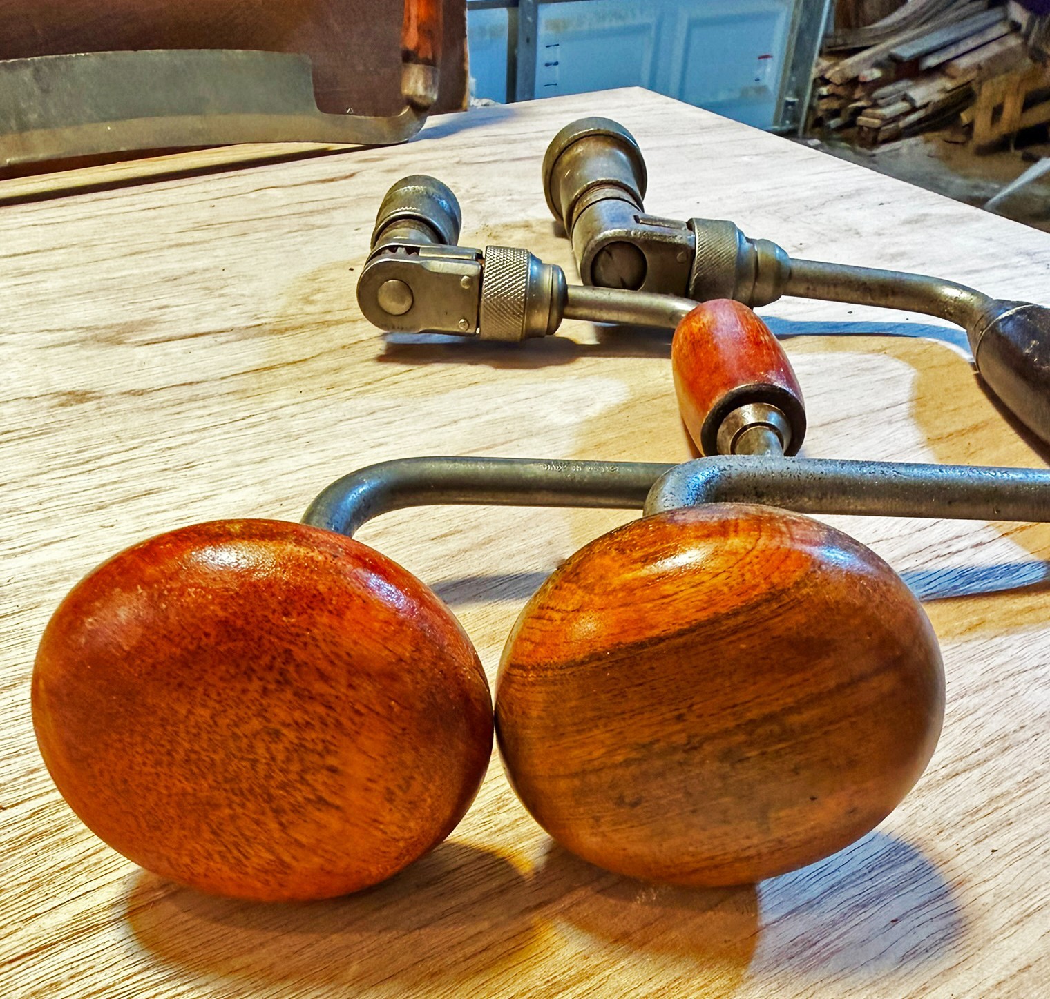 Vintage two Bit and Brace drills with a 1-inch auger bit