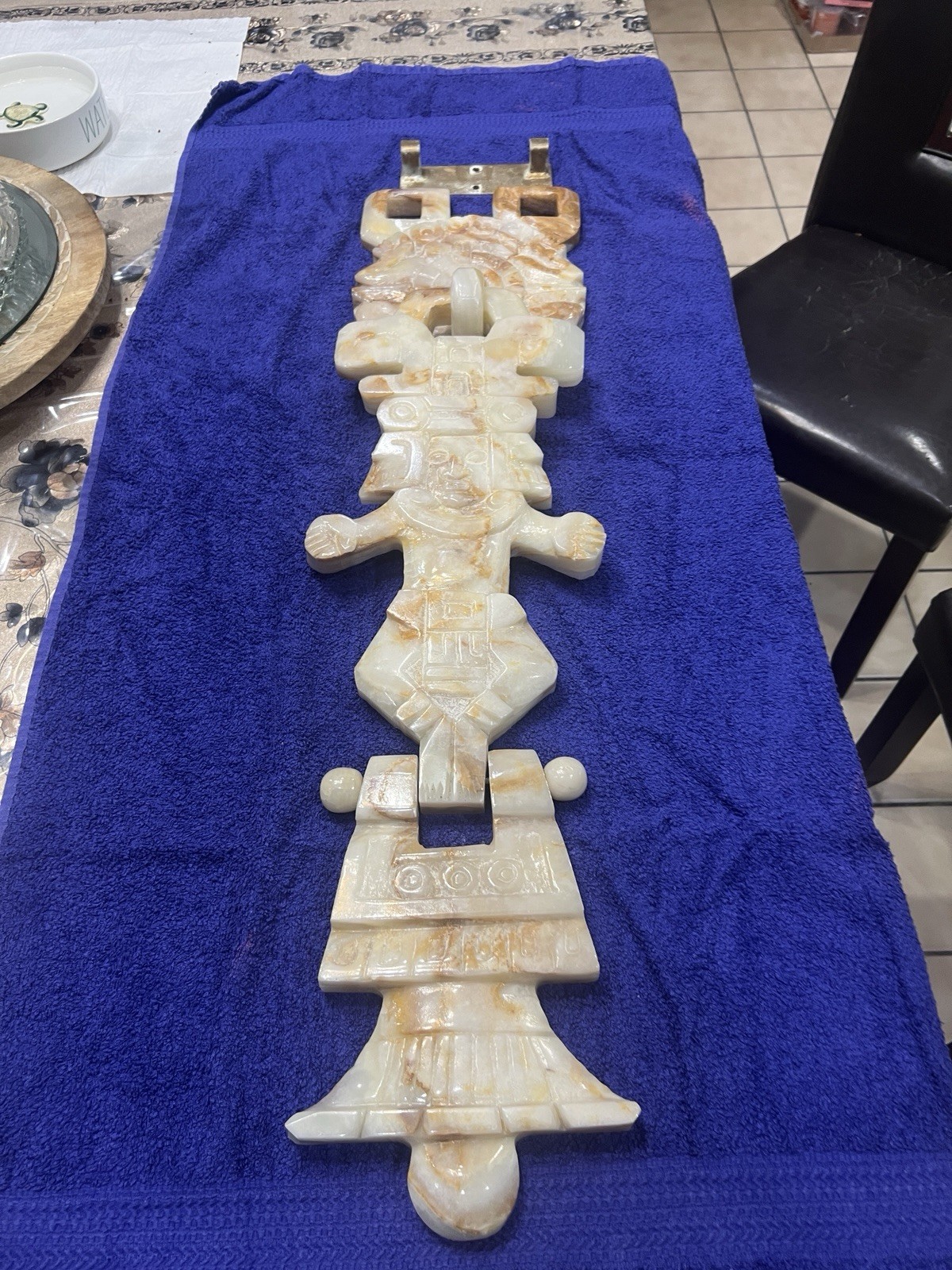 Aztec Mayan Marble/Onyx Large Stone Hand Carved Wall Hanging 33” Long W/bracket