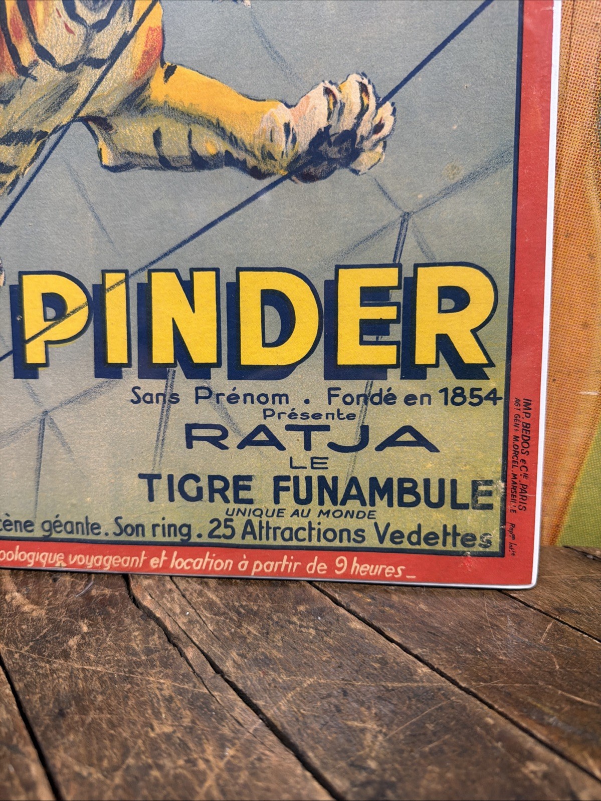 ANTIQUE 1922 PINDER RATJA TIGER TIGHTROPE WALKER CIRCUS POSTER SIGN CARNIVAL ZOO