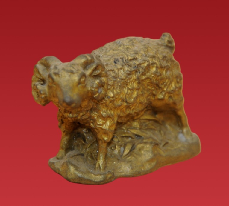 Vintage Chinese Gilt Brass Sheep - Detailed Wool Textured Goat Decor Art