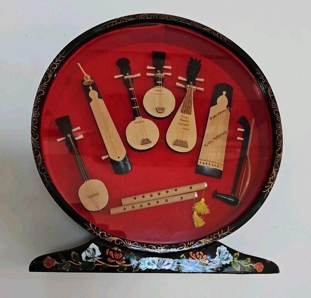 Chinese Mini Vtg Musical Instruments Wooden Show Case Display Mother of Pearl