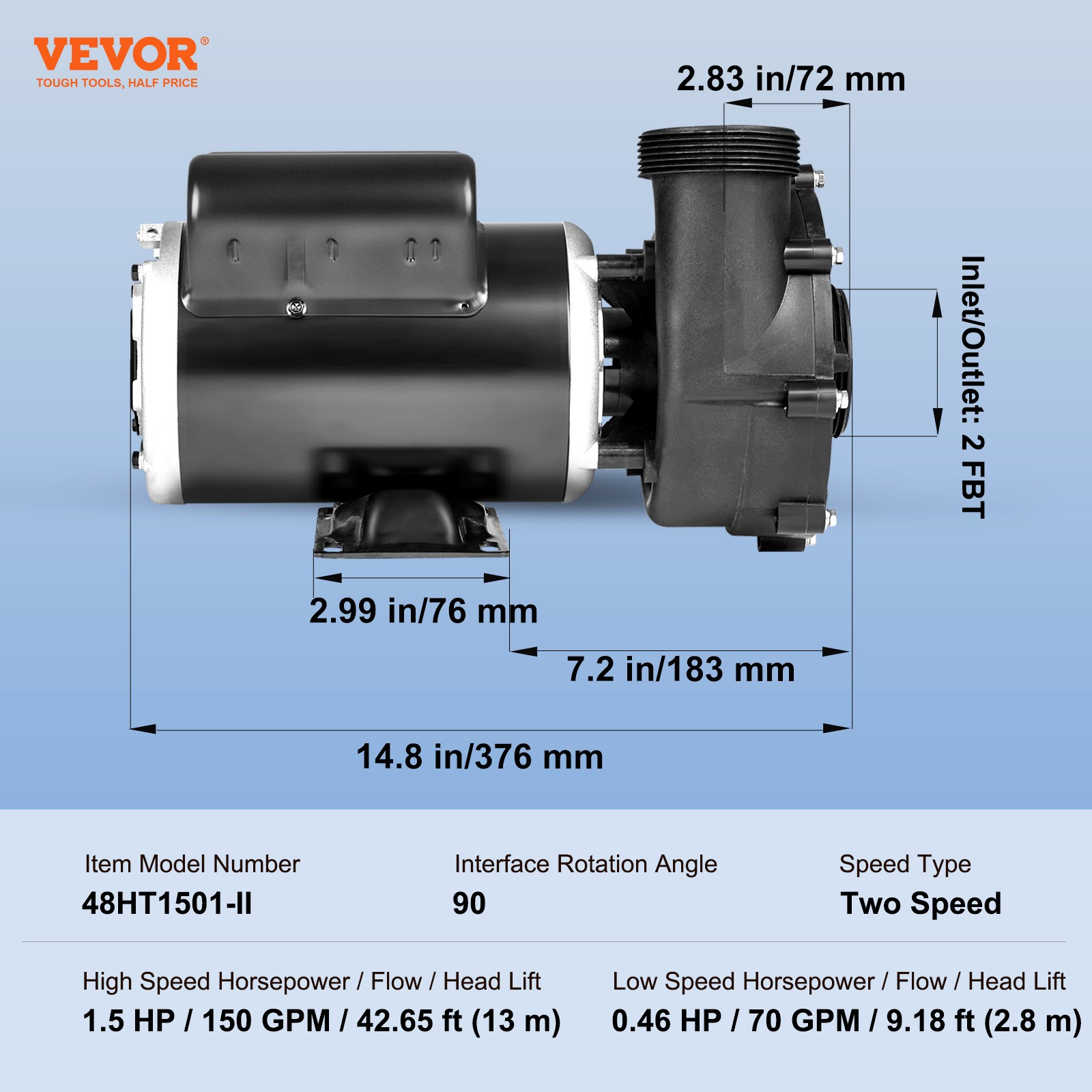 VEVOR 2 Speed SPA Pump 48-Frame Hot Tub Pump 1.5 HP/150 GPM or 0.46 HP/70 GPM