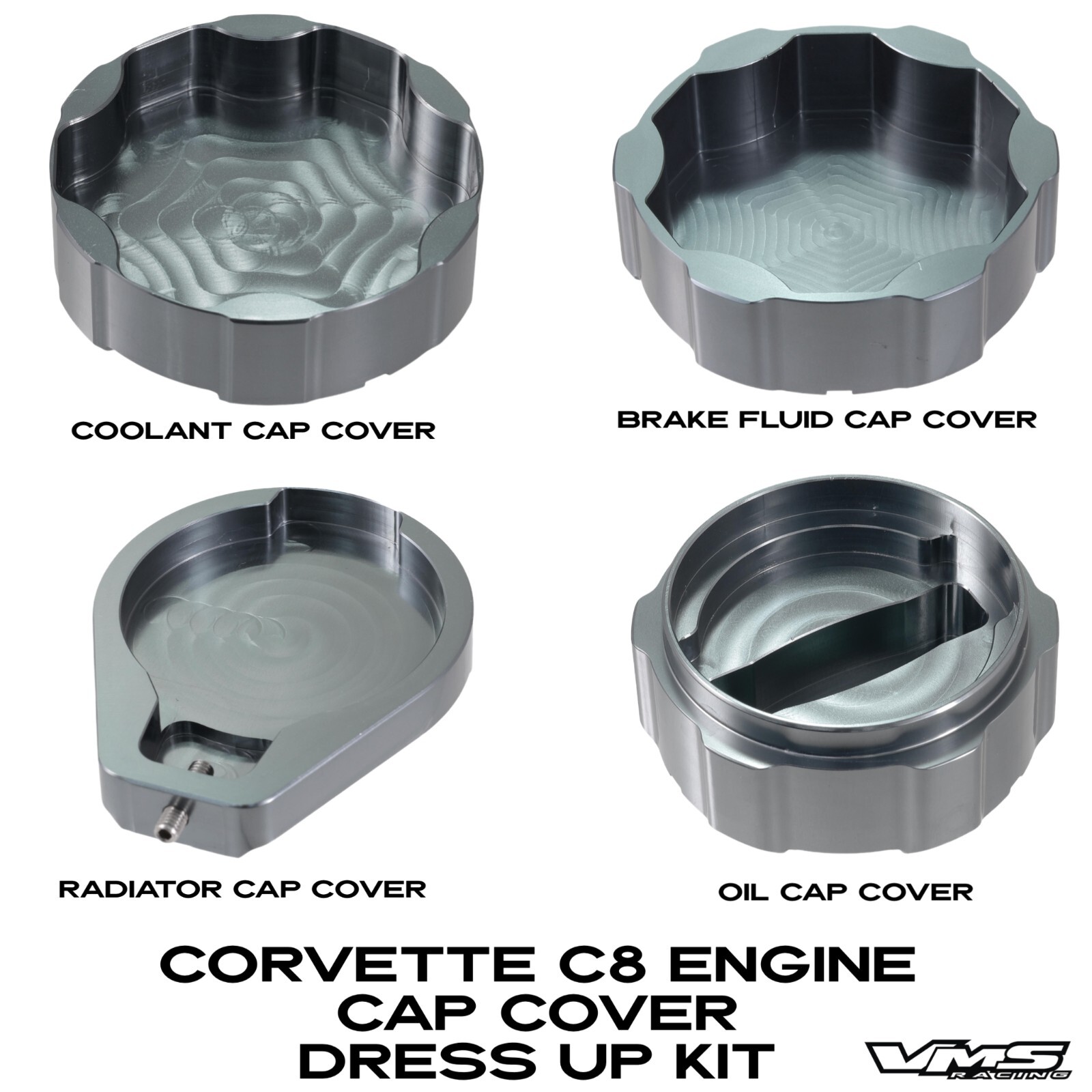 VMS BILLET 4PC ENGINE BAY CAP DRESS UP KIT FOR 20-25 CHEVY CORVETTE C8 GUNMETAL