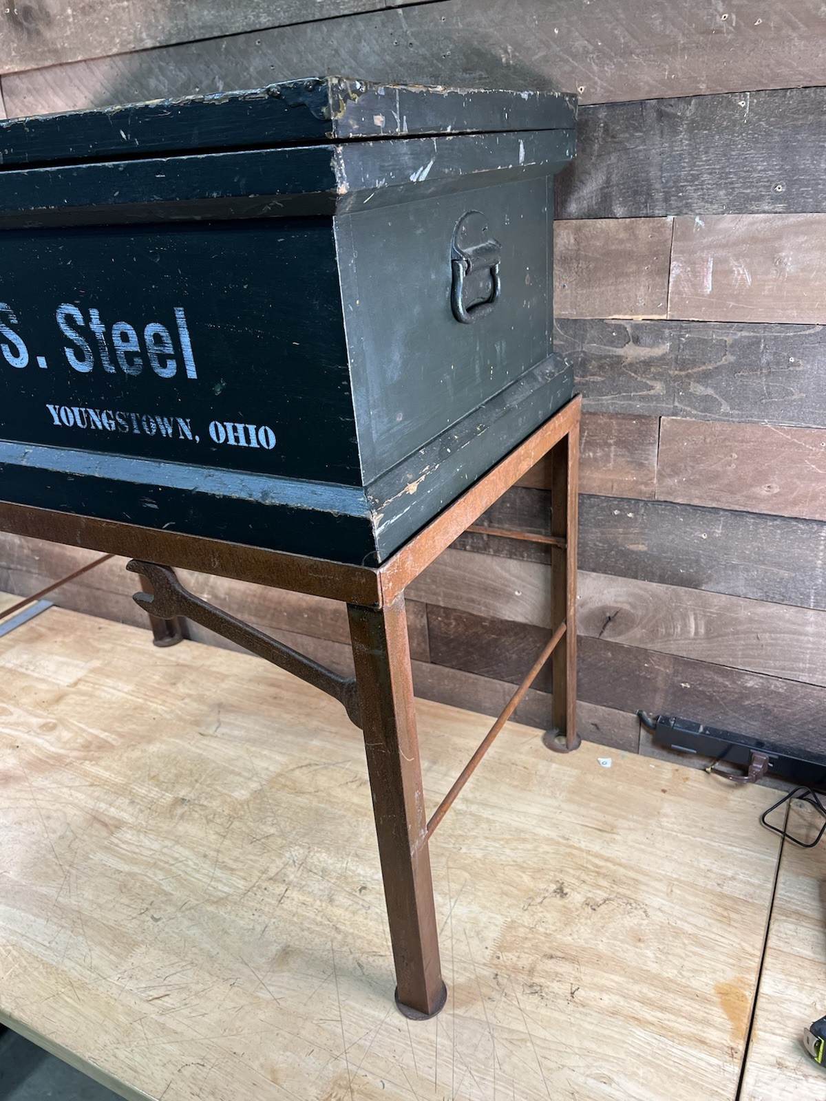 Vintage Large U.S. Steel Wooden Toolbox With Metal Base Stand