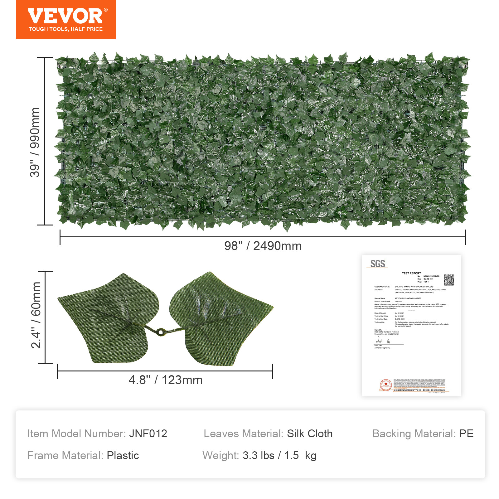 VEVOR 39x98" Artificial Faux Ivy Leaf Privacy Fence Screen w/Mesh Cloth Backing