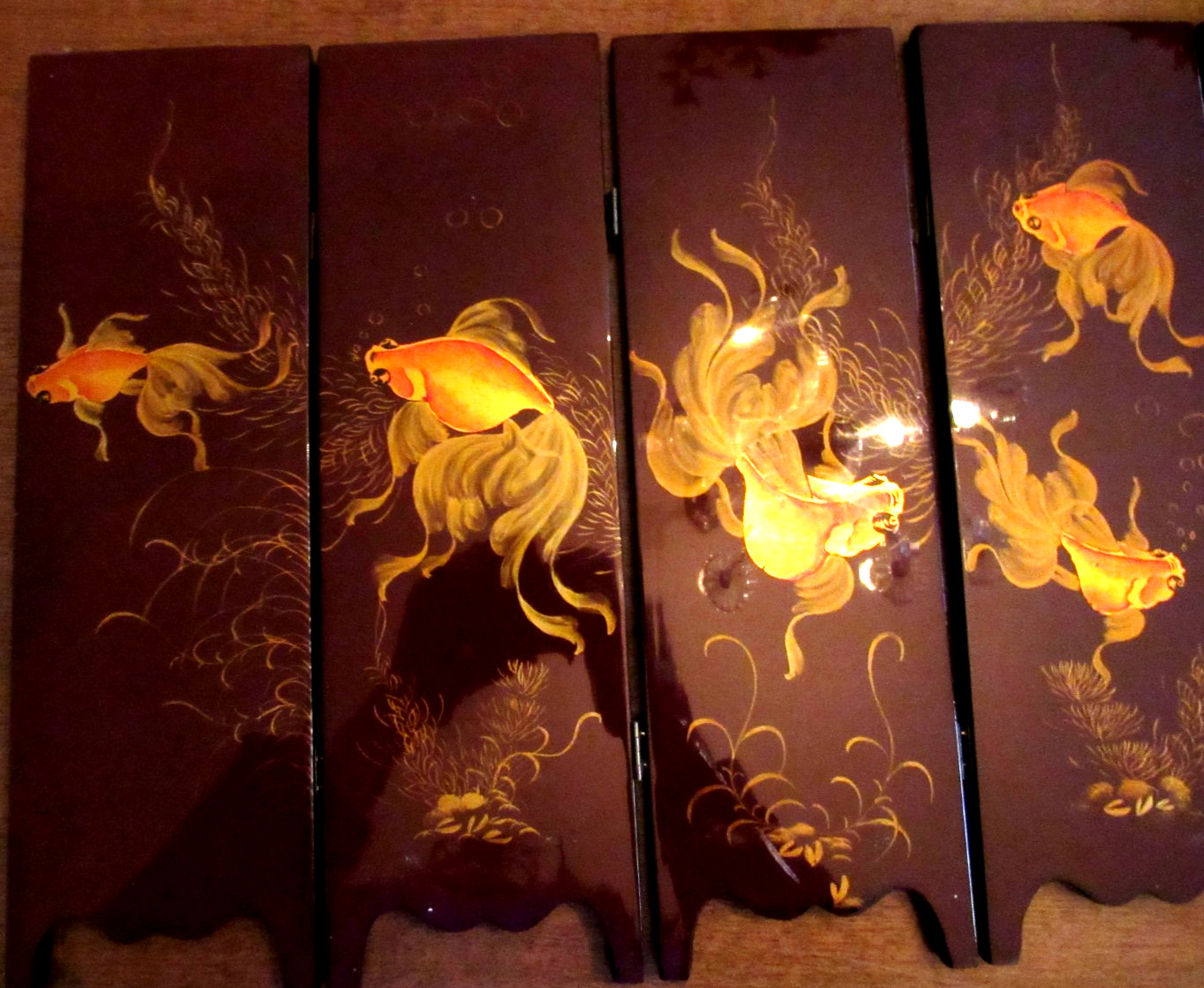 Asian 6 Panel 2 Side Lacquer Wood MOP Abalone Gold Fish Screen Divider 14"x28"