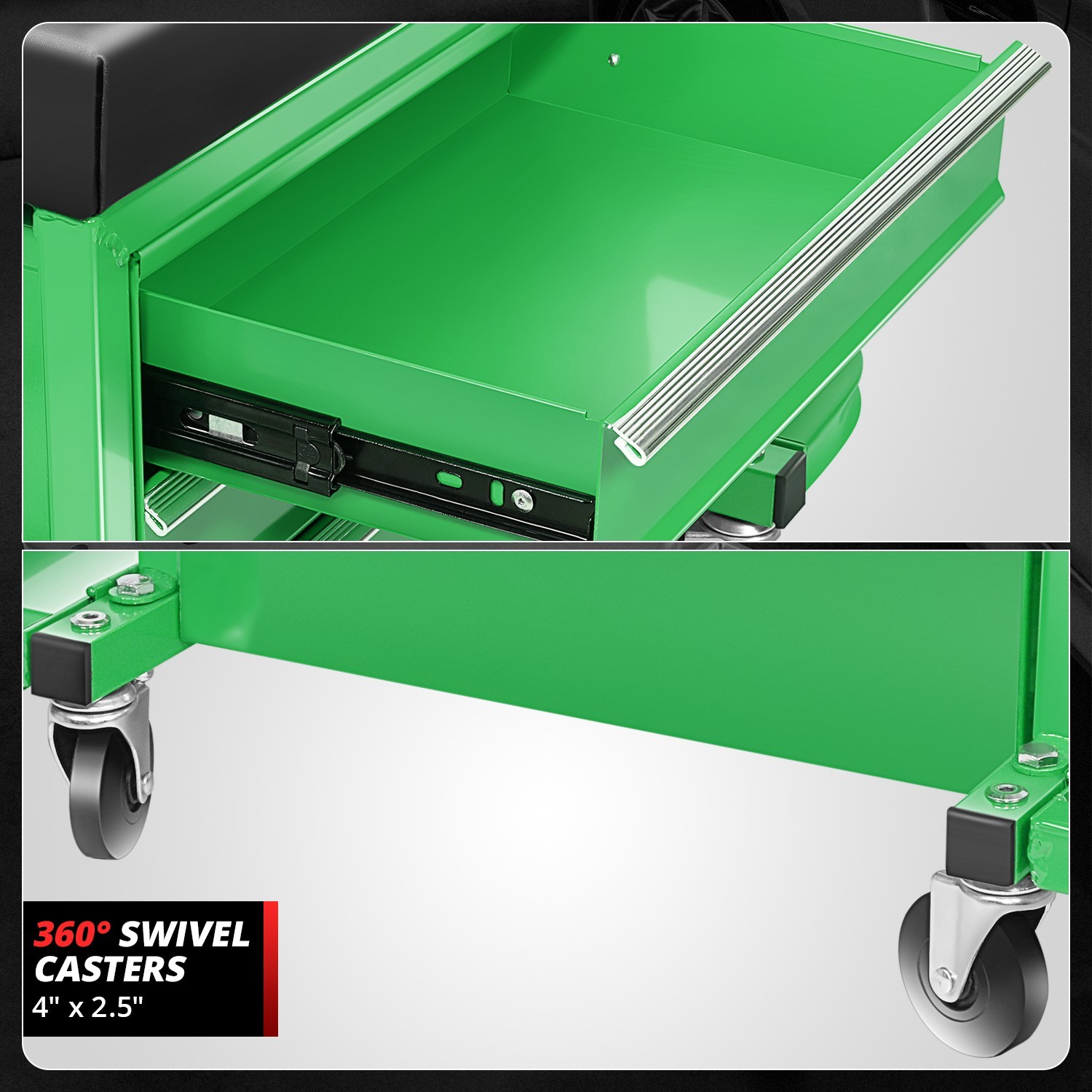 Mechanics Roller Work Seat w/ 3-Drawer Tool Box Storage Tray Padded Stool Green