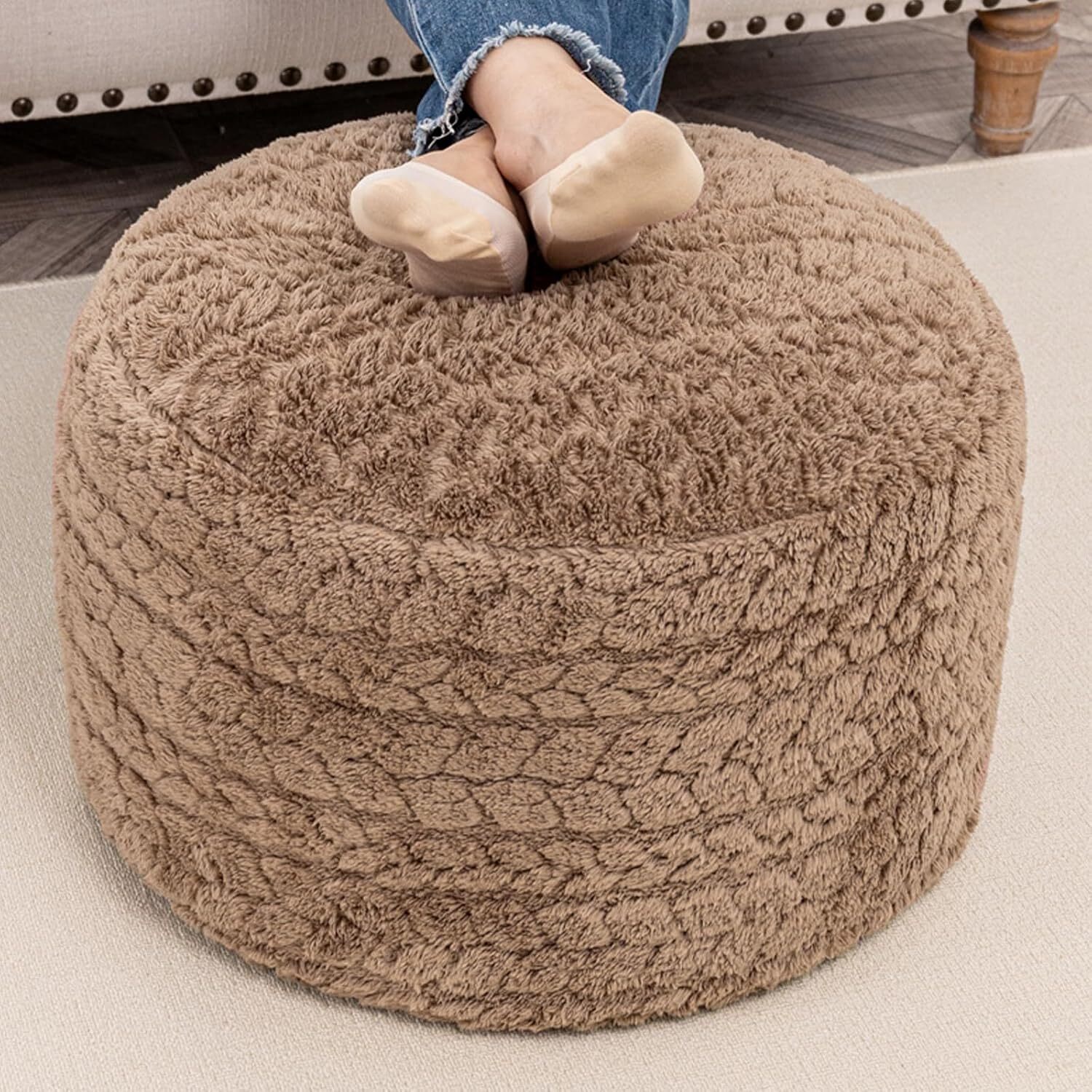 Round Pouf Ottoman 20x14 In Floor Pouffe Ottoman Foot Rest for Couch Living Room