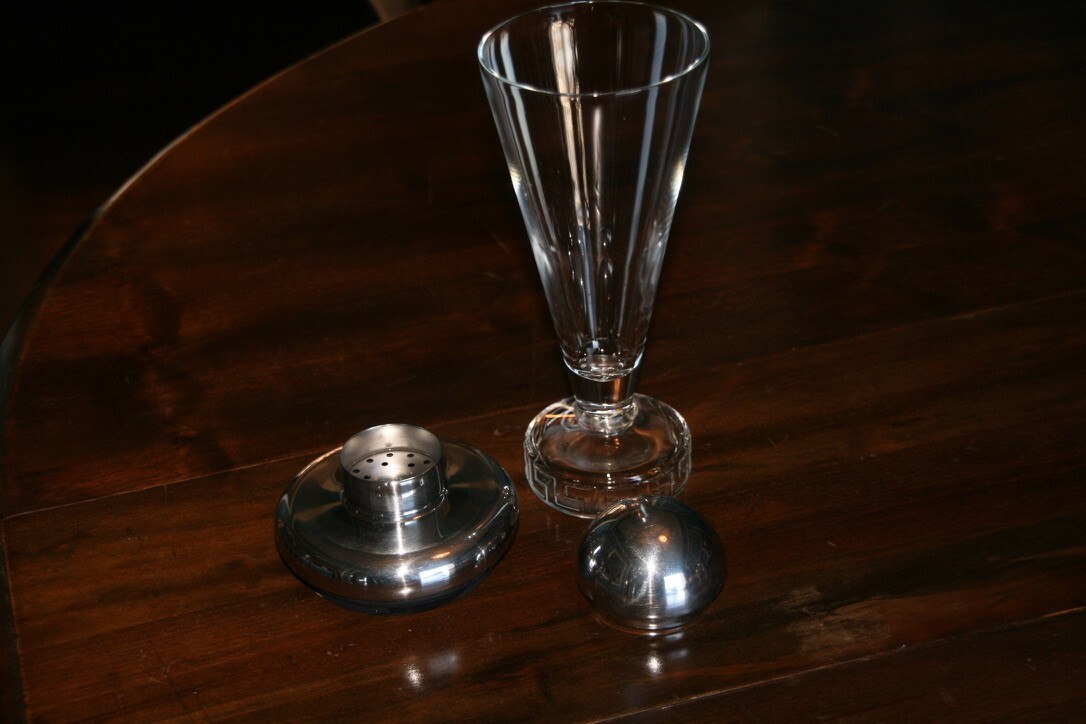 VINTAGE ALESSI GLASS AND STAINLESS COCKTAIL SHAKER, CAMPARI MATTEO THUN, 1980'S