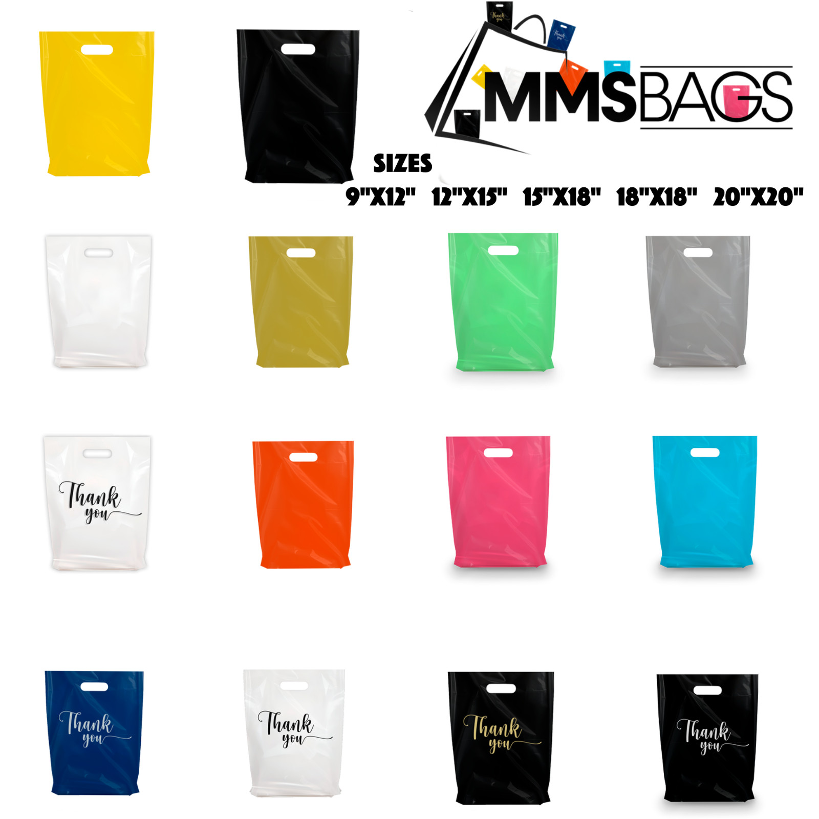 Retail Plastic Merchandise Bags, Die Cut Handles, Different Sizes and Colors