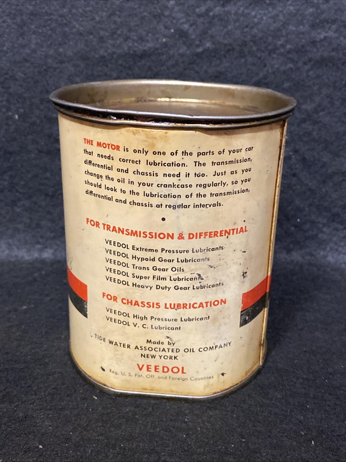 VINTAGE FULL NOS 1940's VEEDOL GEAR & CHASSIS LUBRICANTS 1-LB FLYING A CAN!