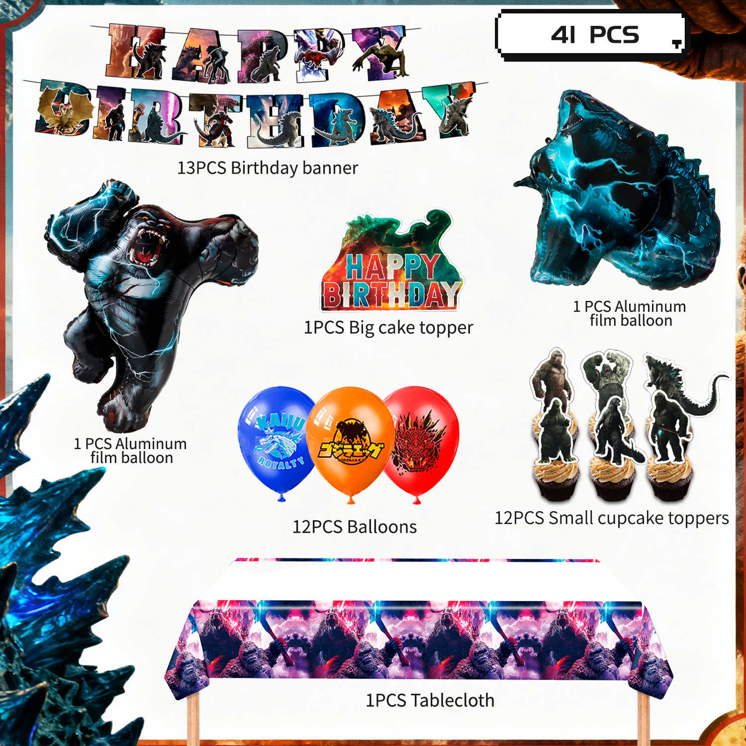 41Pcs Godzilla King Kong Birthday Party Decoration Godzilla Balloons Cake Topper