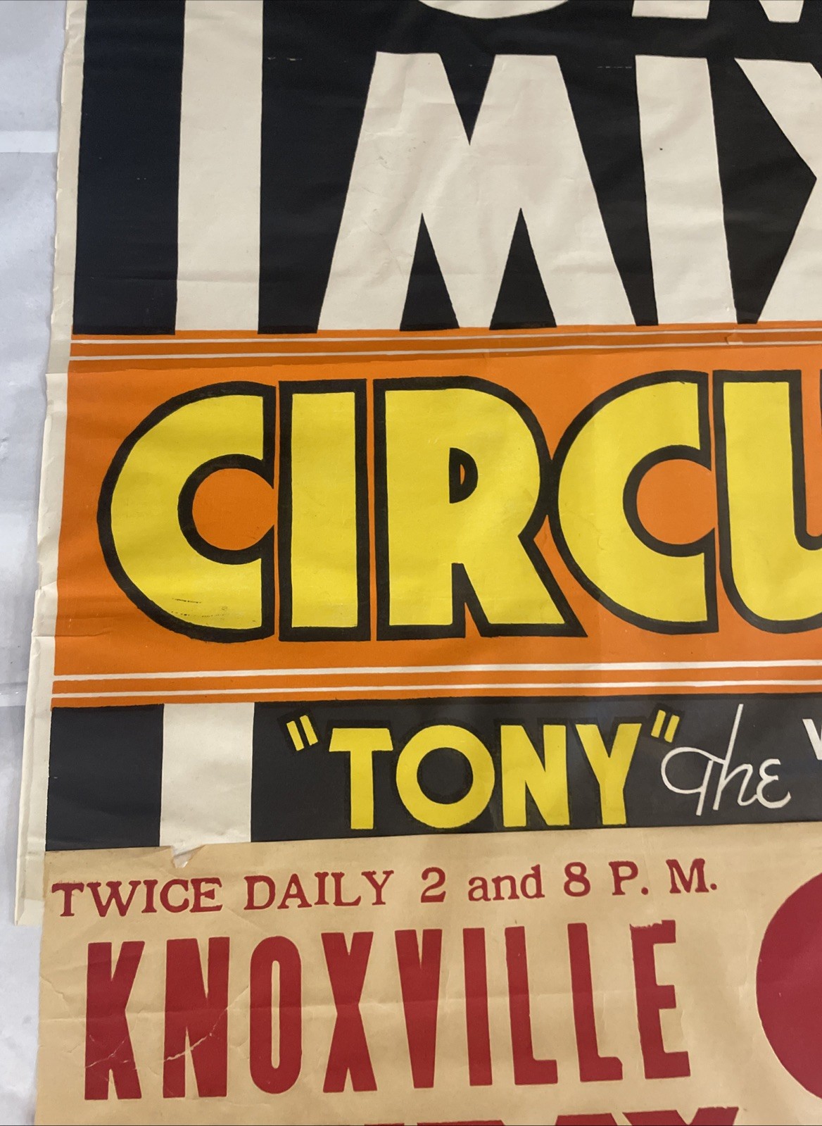 Vintage 35.5x21 Inch Tom Mix Circus Poster “Tony” The Wonder Horse Knoxville Ten
