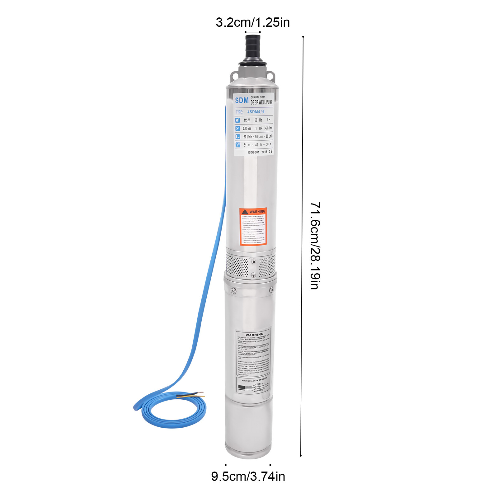 1.0 HP Water Well Pump Stainless Steel Deep Well Submersible Pump 3420RPM 750W!
