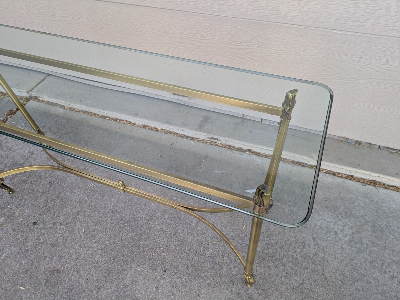 Vintage La Barge Style Glass Brass Console Table Flame Tip Hollywood Regency