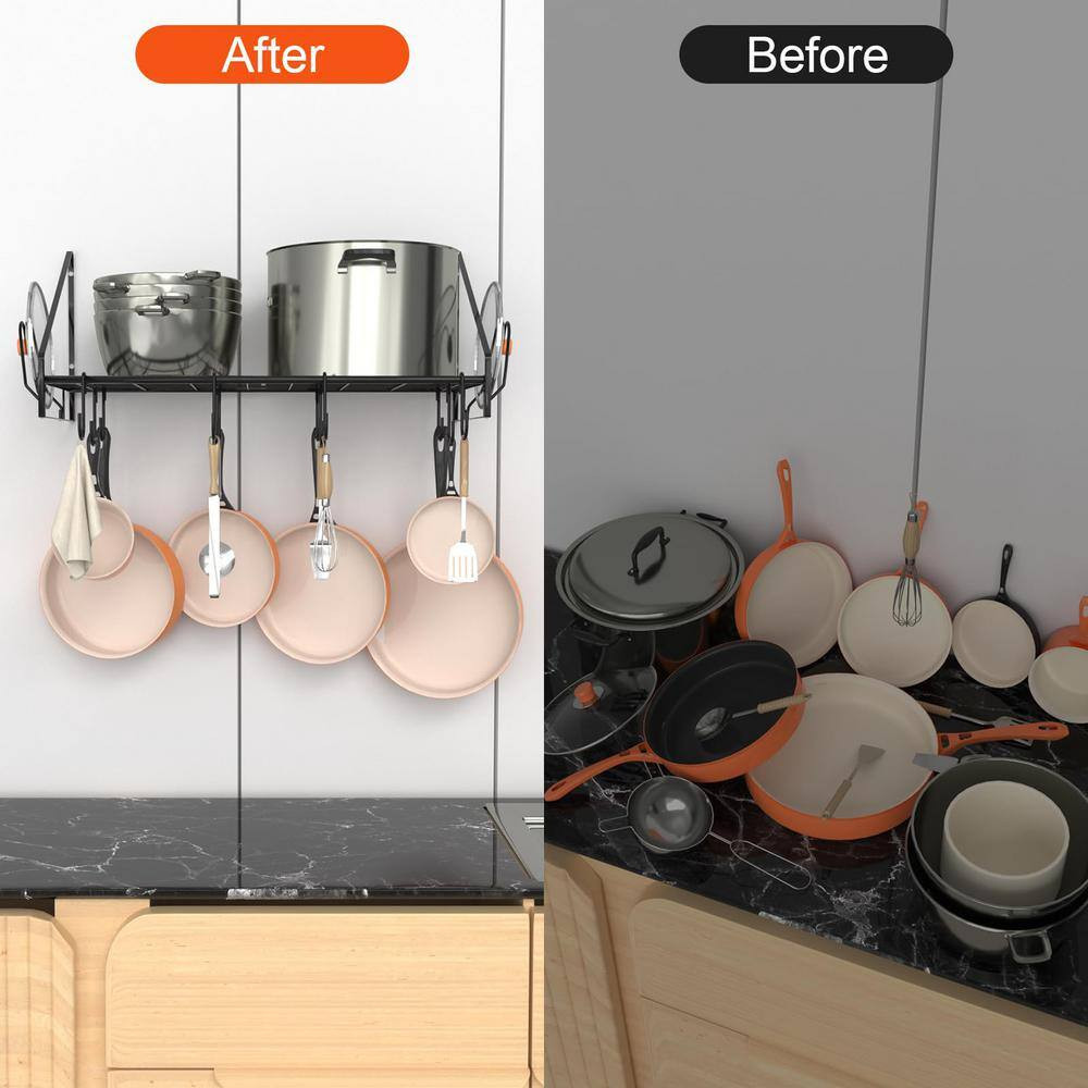34.7 In. L X 13 In. W X 12.6 In. H Black Steel Wall Mounted Pot Rack with 12 Hoo