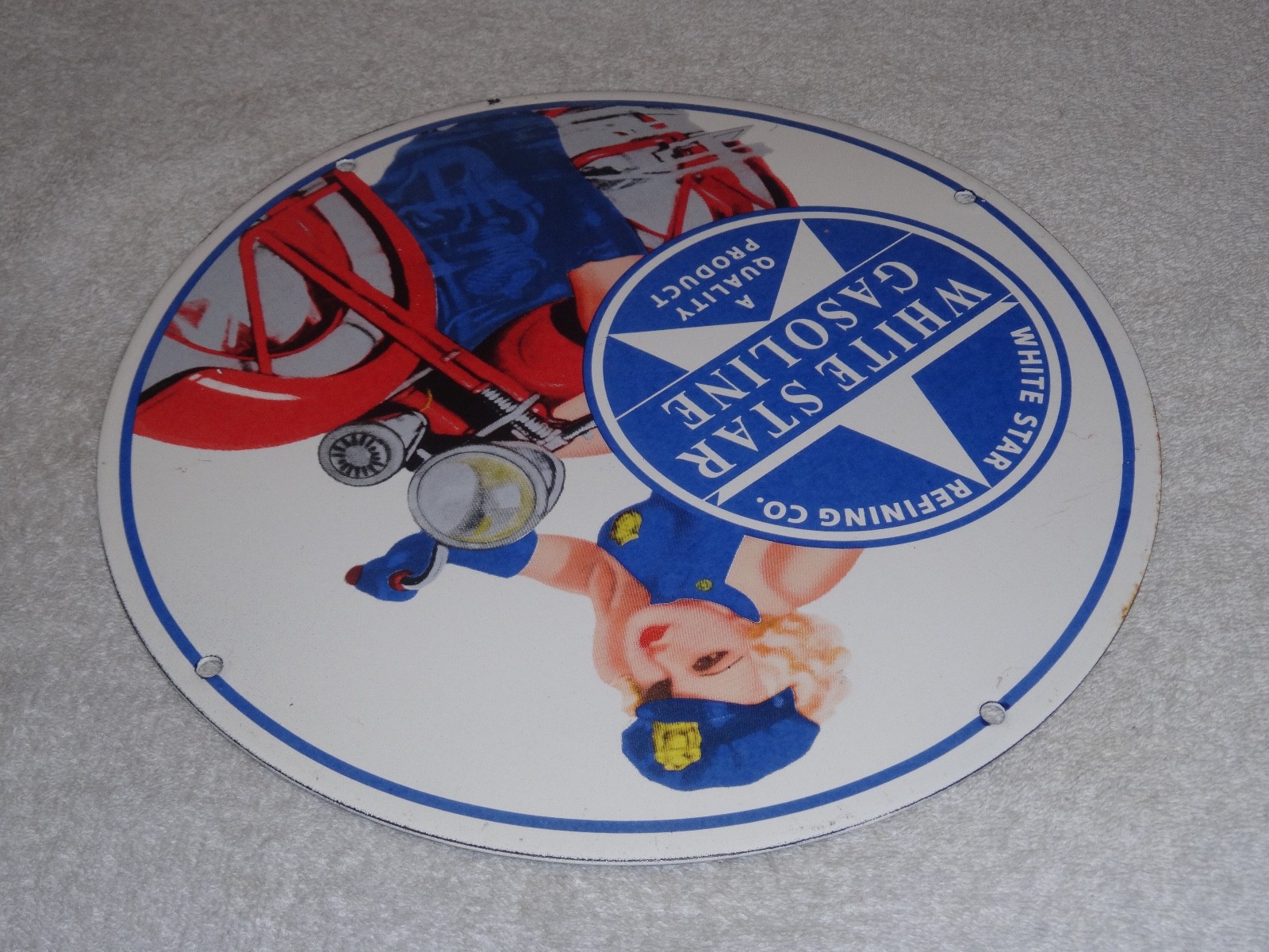 VINTAGE WHITE STAR GASOLINE "WOMAN ON MOTORCYCLE" 12" PORCELAIN METAL MOBIL SIGN