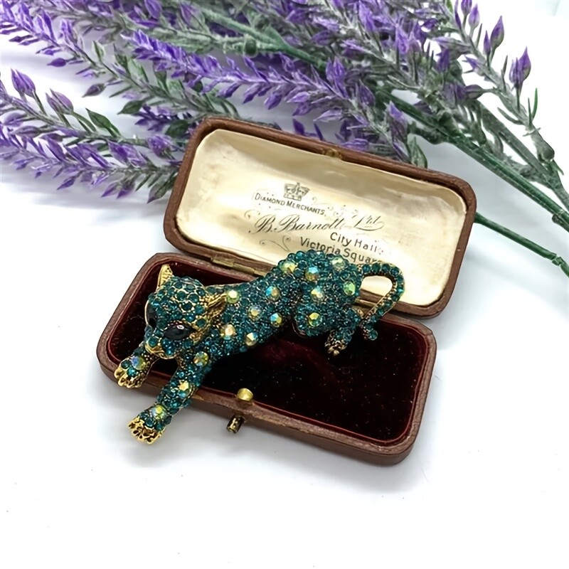Vintage Leopard Brooch Pin - Animal Green & Golden Pins Jewelry