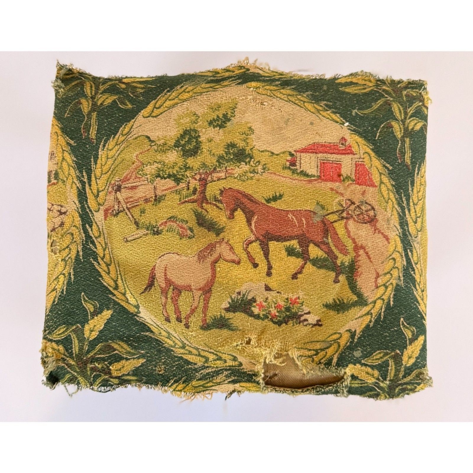 Antique Loose Leaf Footstool with Equestrian Tapestry